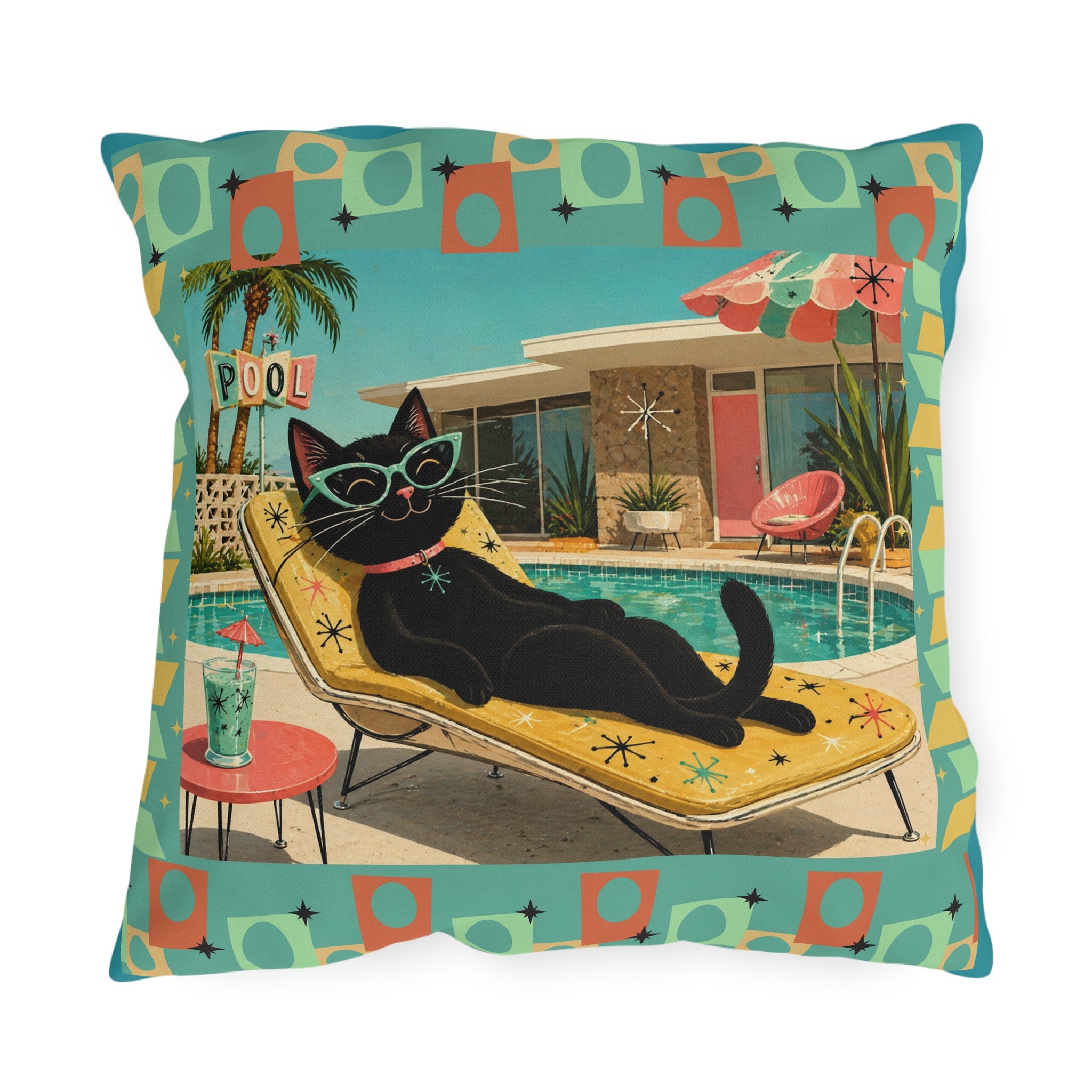 Retro Black Cat Poolside Outdoor Pillow | Mid Century Modern Patio Decor