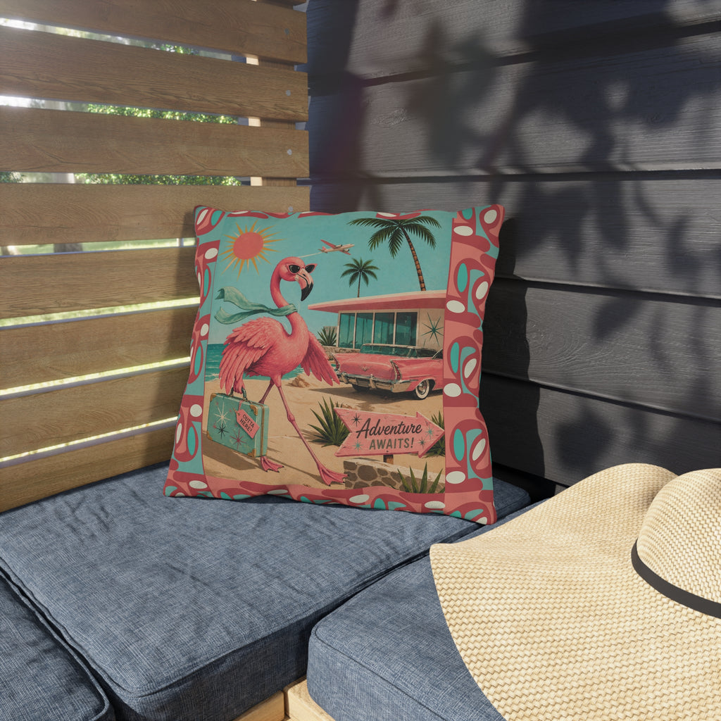 Retro Flamingo fly away Travel Illustration Outdoor Pillow | Mid Century Beach Adventure