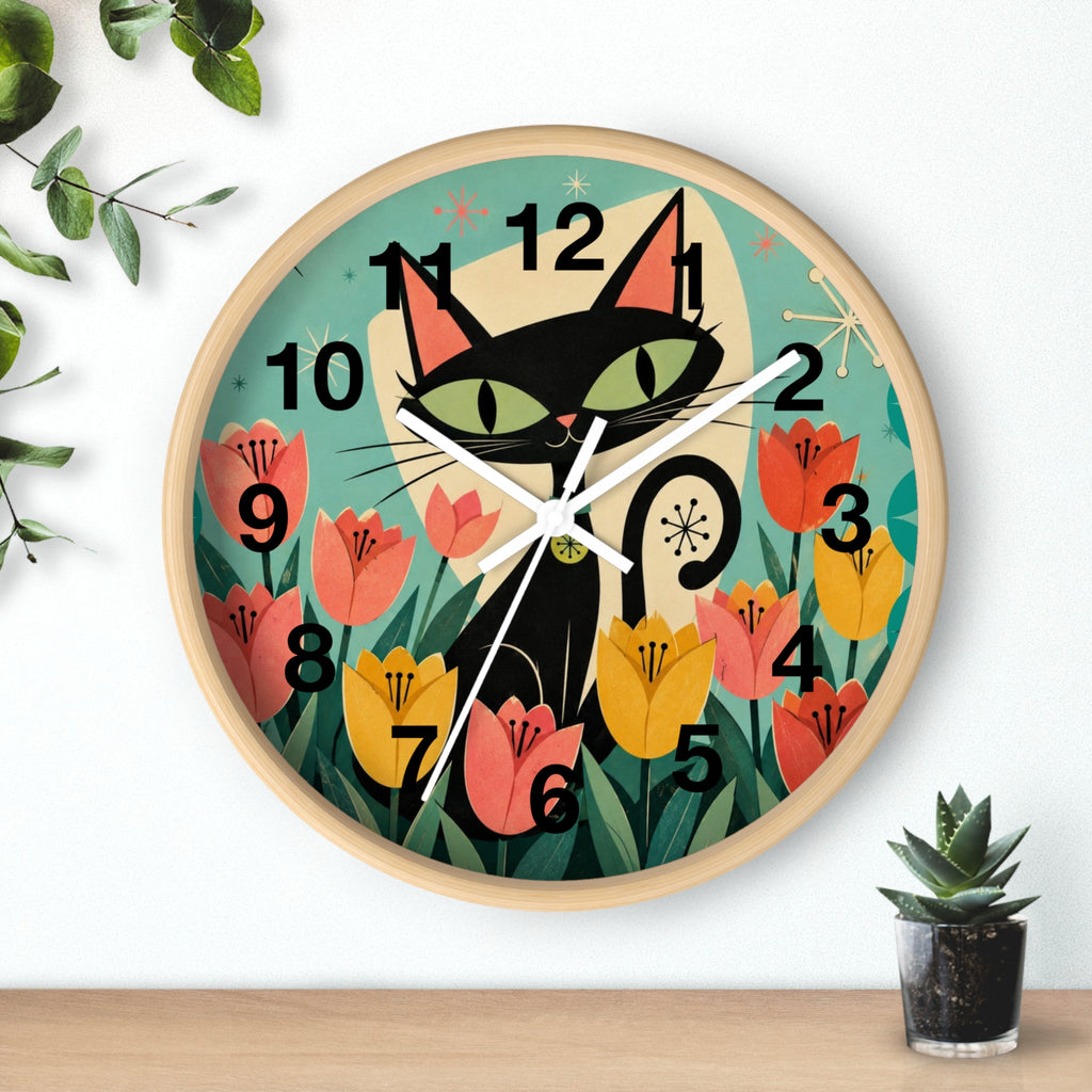 Atomic Black Cat in Tulips Wall Clock | Retro Cat Illustration, Spring Floral