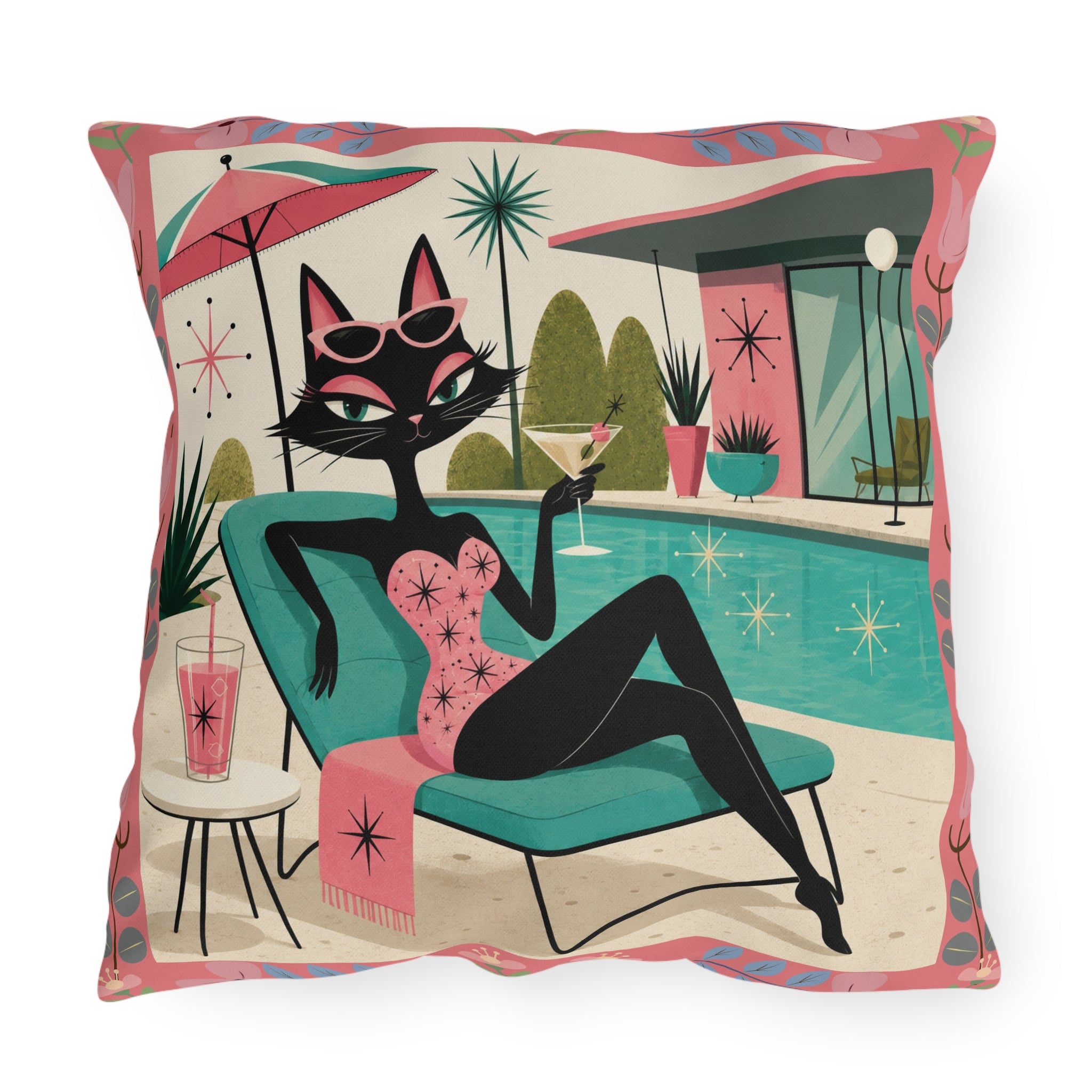 Retro Poolside Cat Outdoor Pillow | Mid Century Modern Cocktail