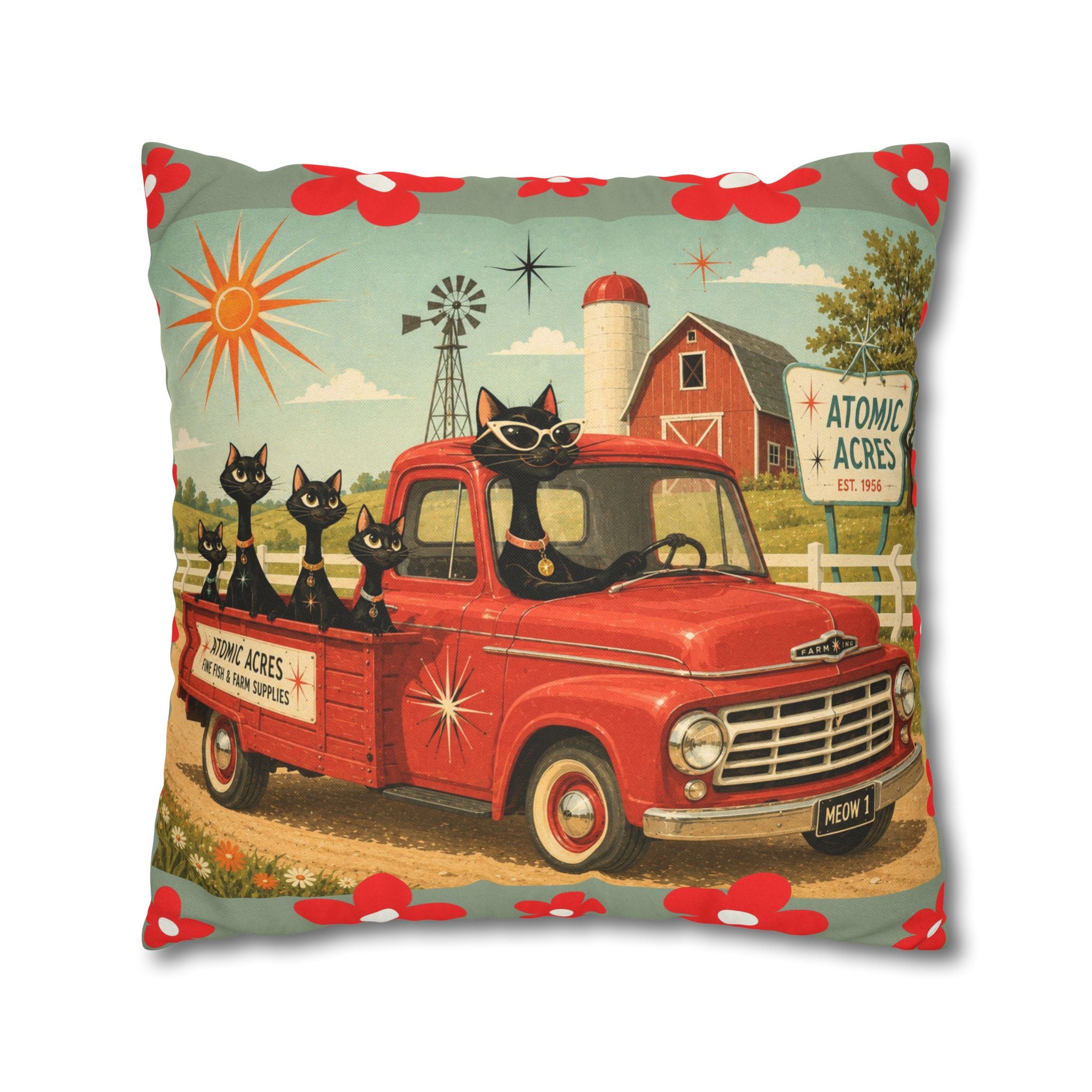 Retro Red Truck with Atomic Black Cats and kittens Pillowcase | MCM Square Pillowcase - COVER ONLY