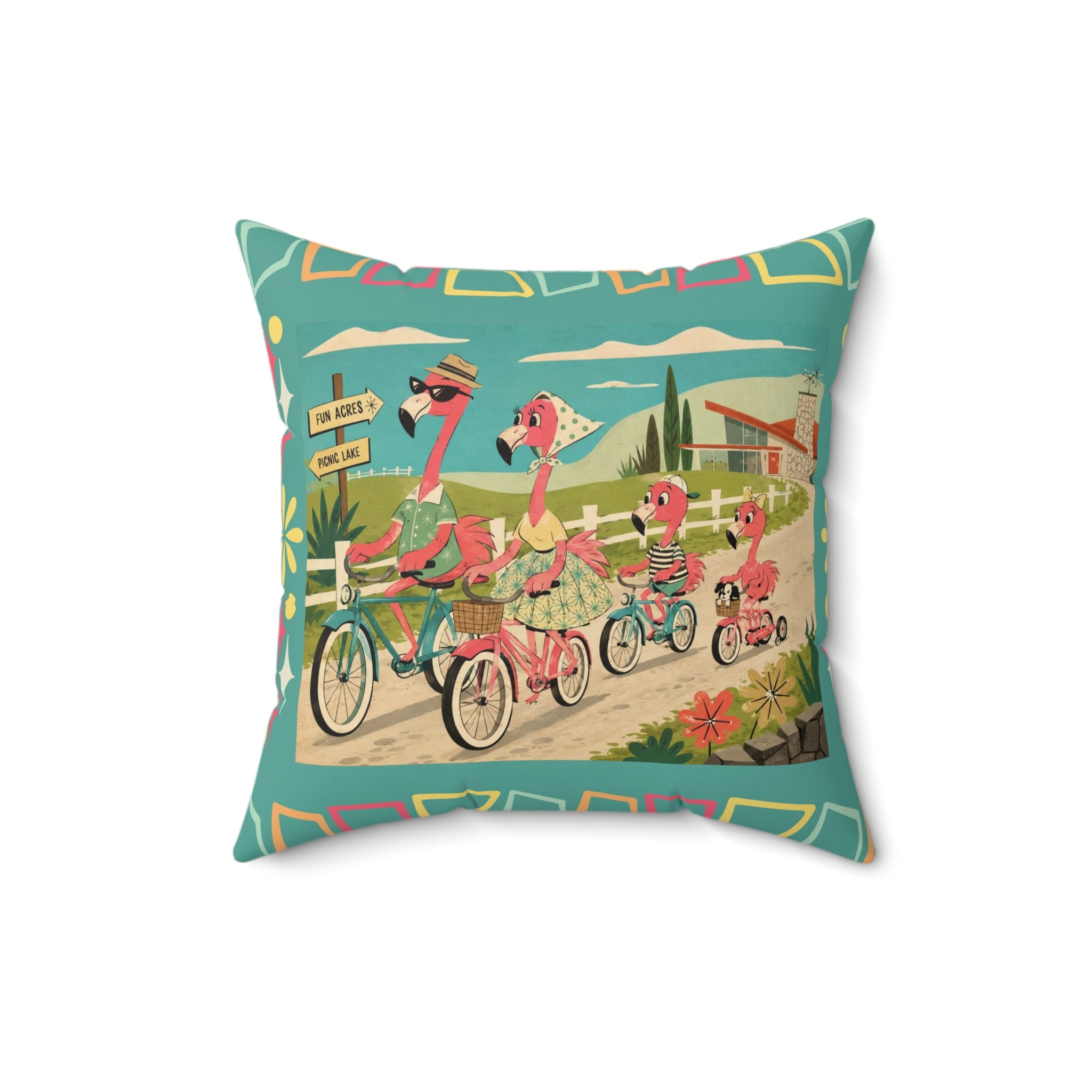 MCM Flamingo Family Biking Spun Polyester Pillow | Retro Tropical Bicycle Scene