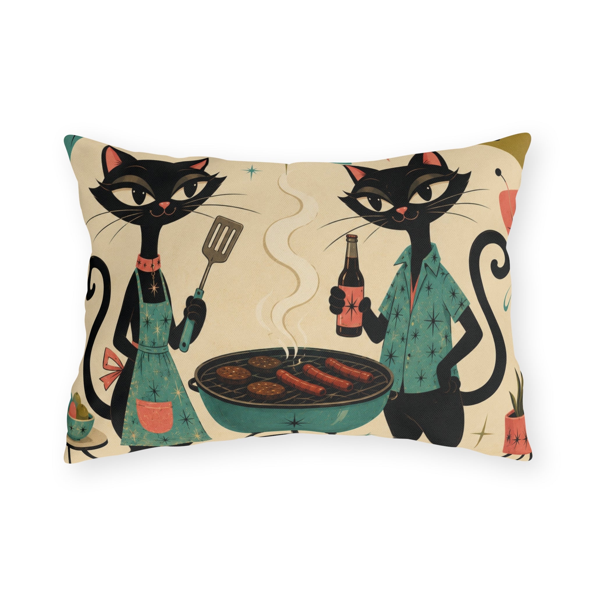 Retro Atomic Black Cats BBQ Outdoor Pillow | Mid Century Modern Cat Grill Decorative Cushion