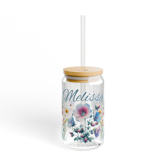 Personalized floral name Sipper Glass, 16oz, wildflowers glass, cute coffee cup, iced coffee glass with lid and straw