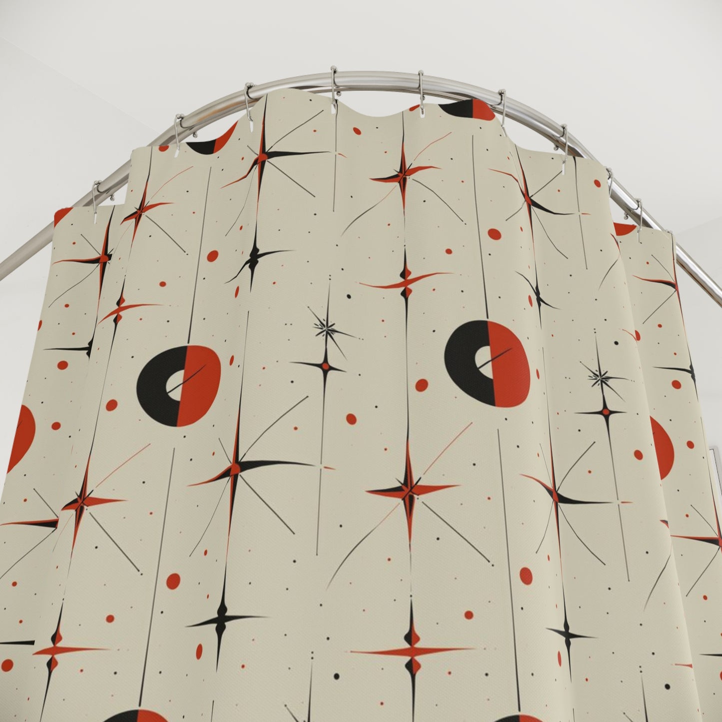 Mid century modern stars and circles retro shower curtain, MCM bathroom decor