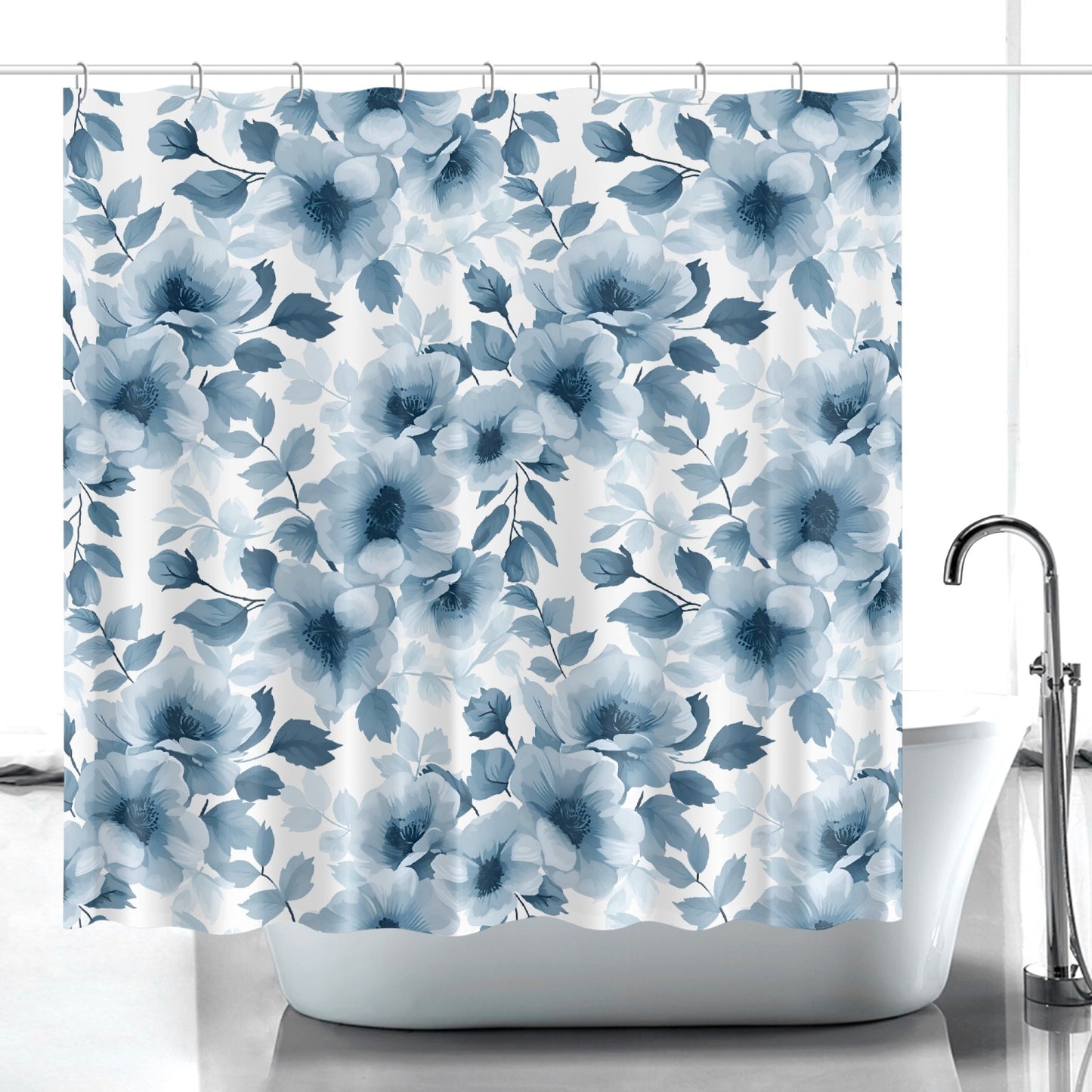 Floral dusky blue shabby chic style Quick-drying Shower Curtain, vintage inspired, Farmhouse bathroom curtain