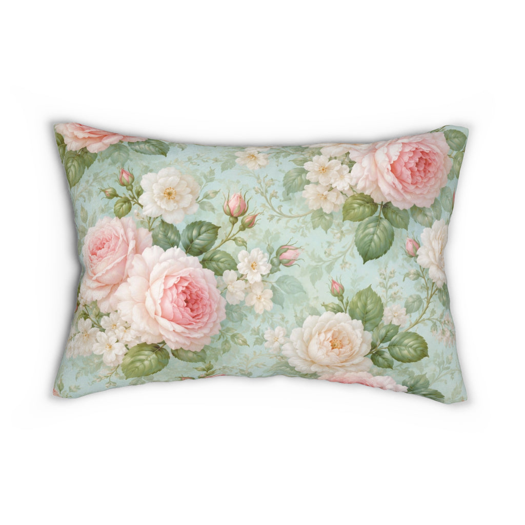 Vintage Rose Floral Lumbar Pillow | Shabby Chic Pink Roses on Mint