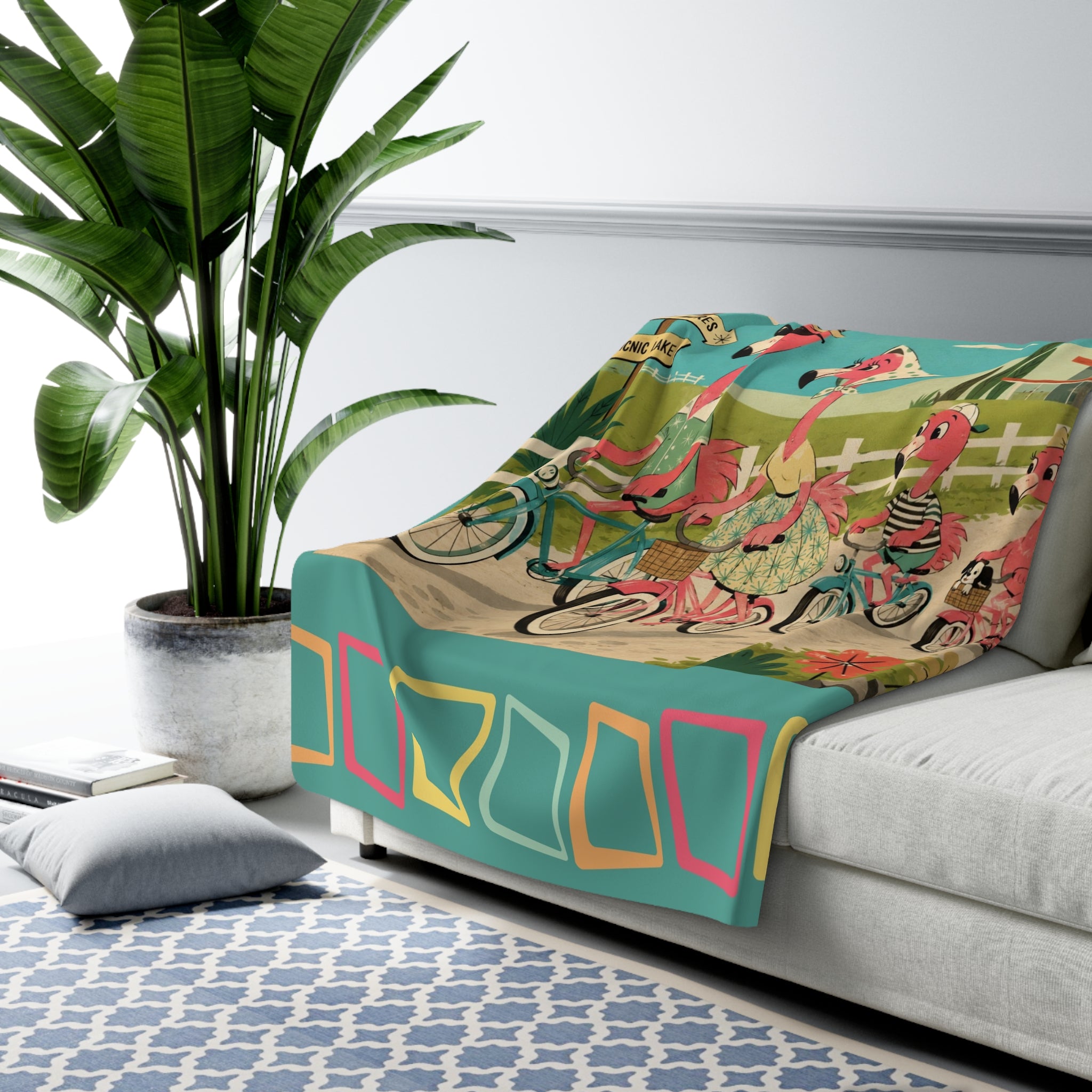 Retro Flamingo Family Bike Ride Sherpa Fleece Blanket | Vintage Tropical