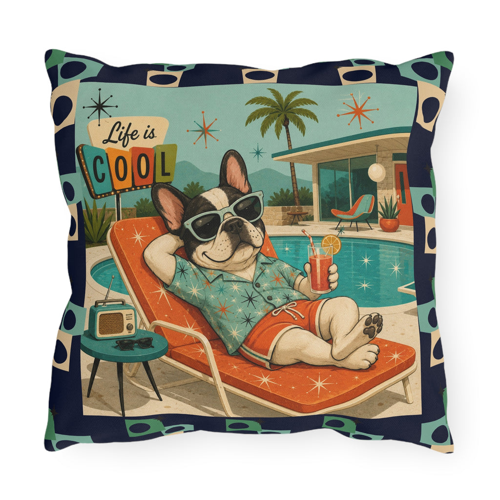 Retro French Bulldog Poolside Lounge Outdoor Pillow | Mid Century Cool