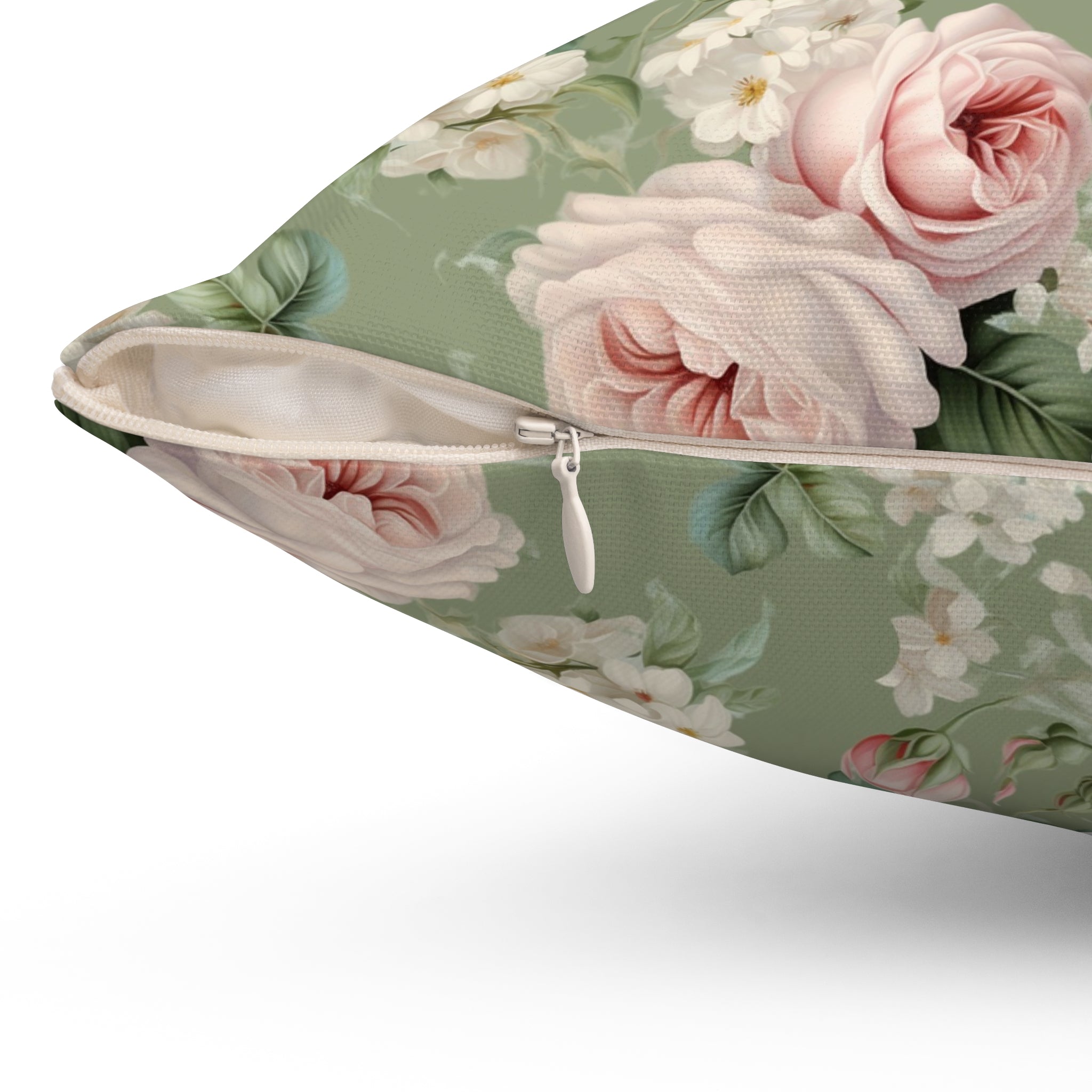 Pink vintage roses with green background Spun Polyester Square Pillow, Shabby chic, Farmhouse decor, country cottage, scatter throw cushion