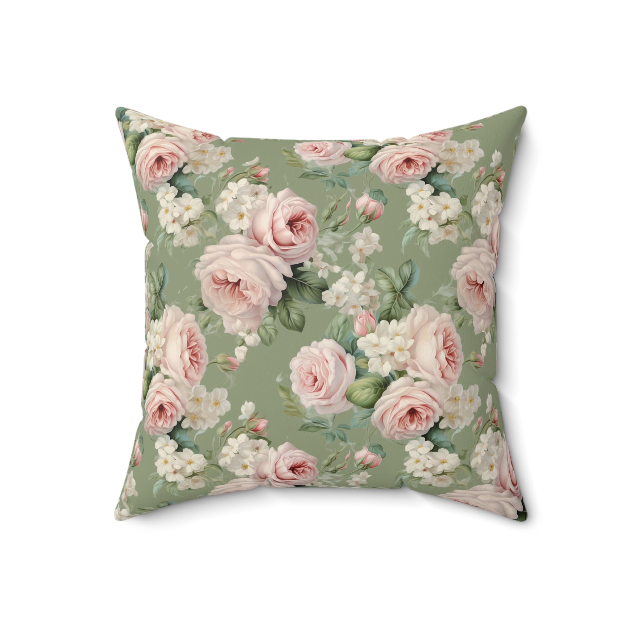 Pink vintage roses with green background Spun Polyester Square Pillow, Shabby chic, Farmhouse decor, country cottage, scatter throw cushion