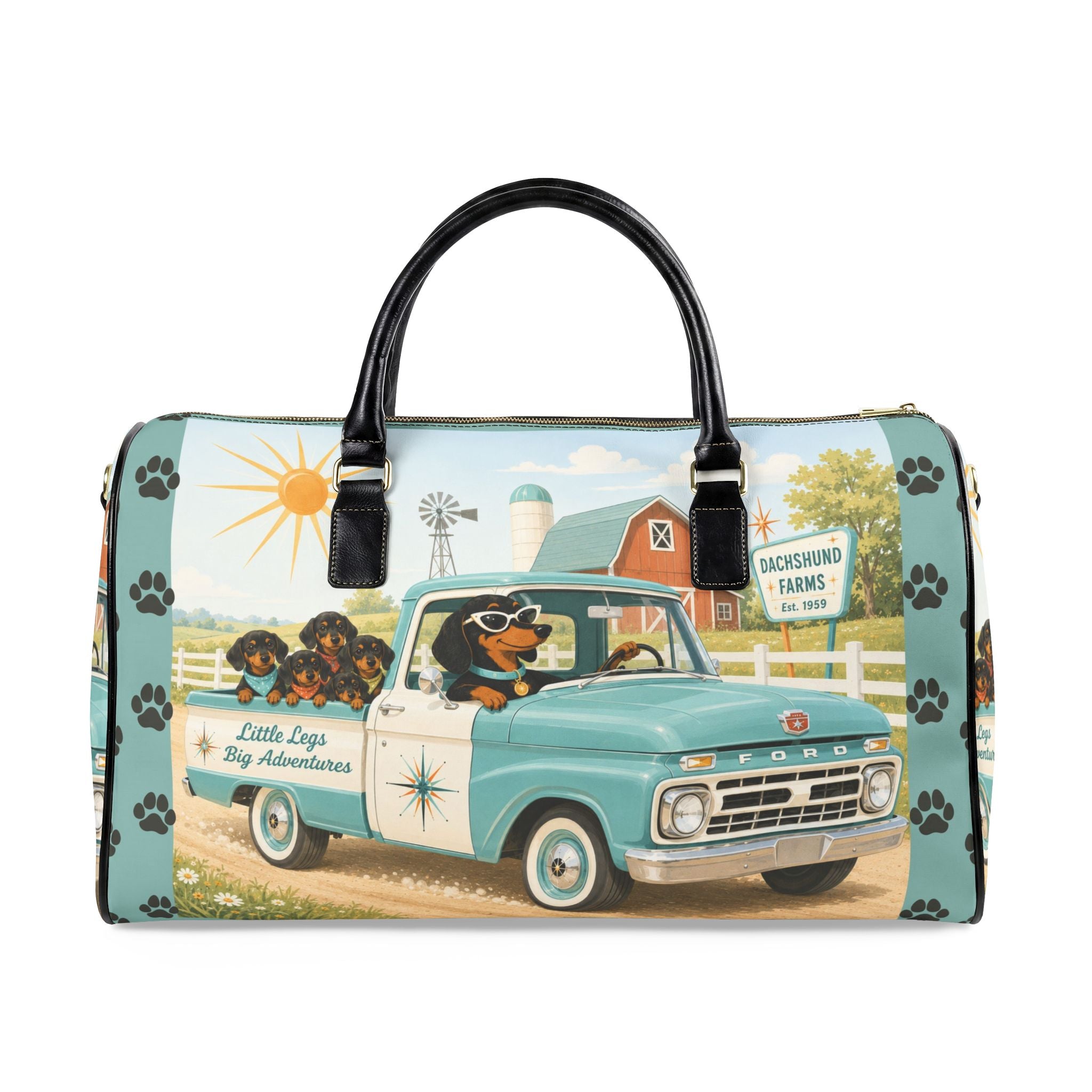 Dachshund Retro Truck Faux Leather Travel Bag | Vintage Farm Road Trip