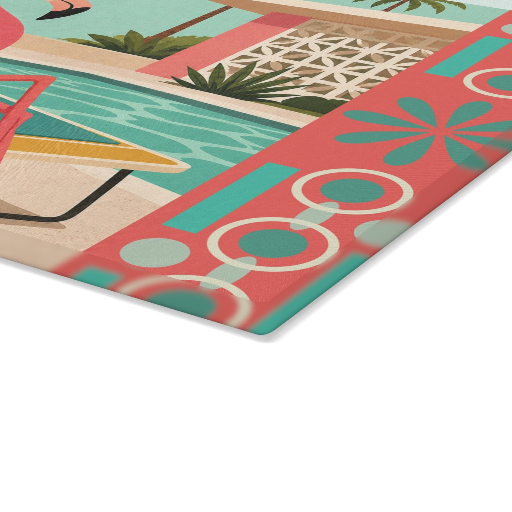 Retro Flamingo Poolside Glass Cutting Board | Mid Century Tropical Art