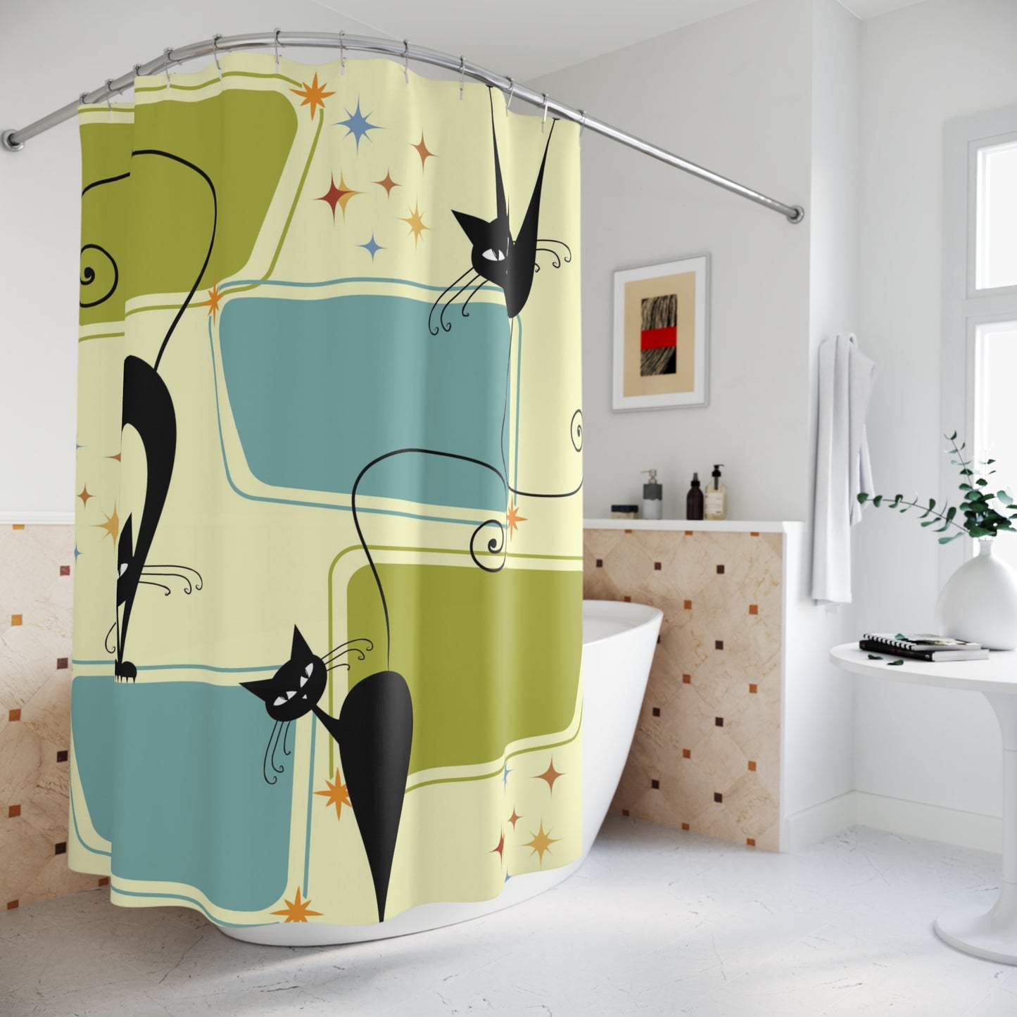 Mid Century Modern Atomic cat retro Shower Curtain, vintage inspired, retro bathroom, bathtub stall