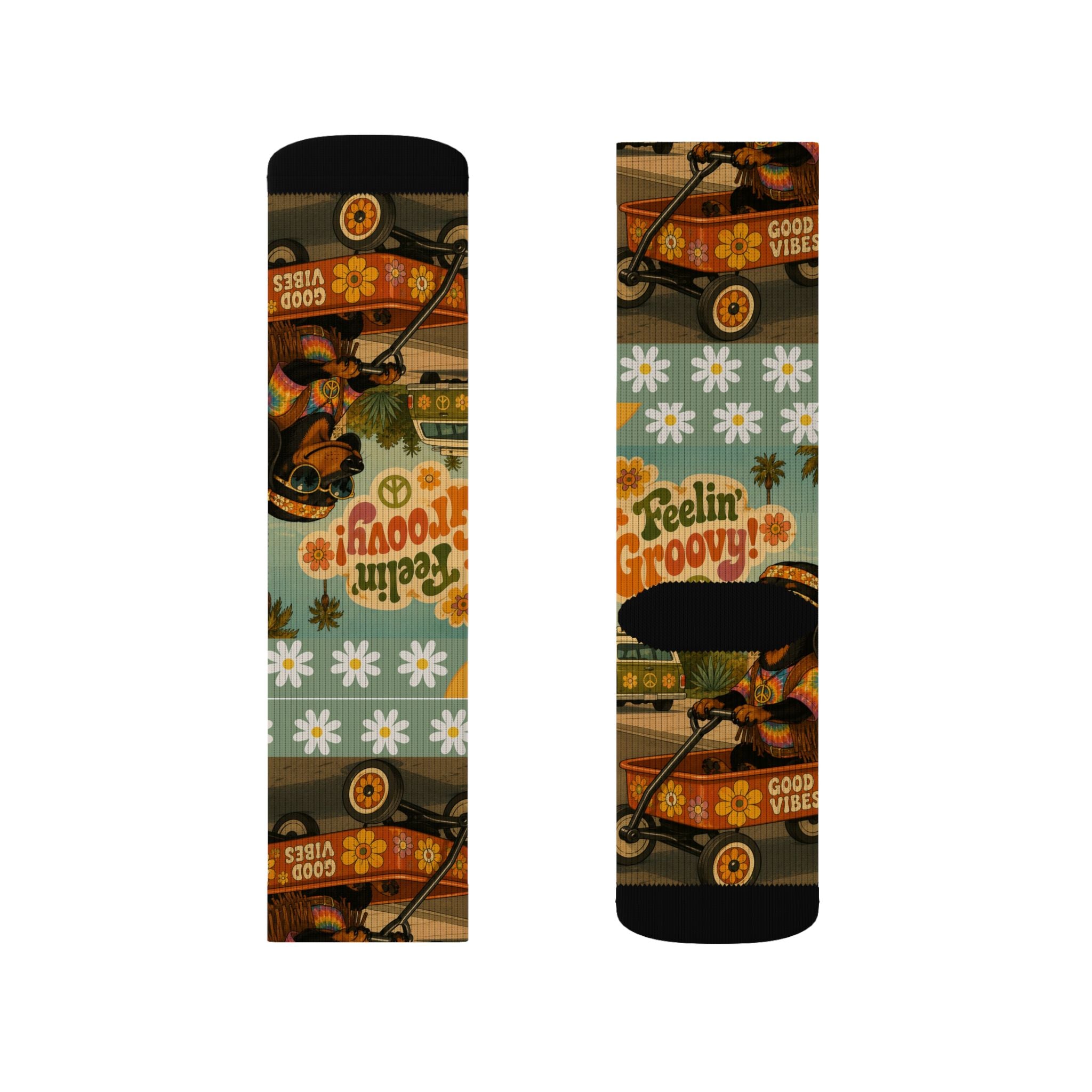 Feelin' Groovy Retro Dachshund Illustration Socks | Vintage Hippie Floral Pattern