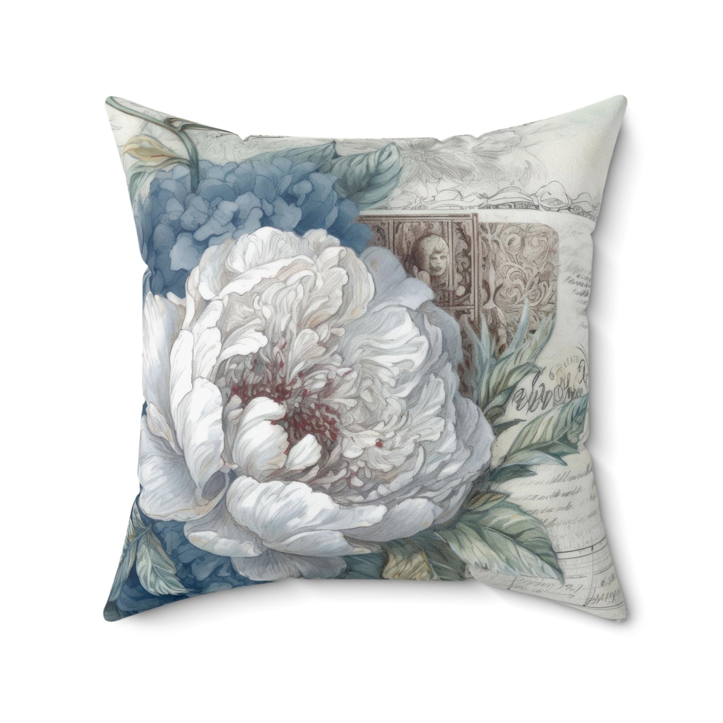 Blue with large white flower floral shabby chic Square Pillow, vintage inspired, couch scatter throw cushion, living room decor