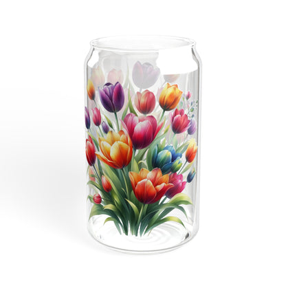 Colorful tulips floral Sipper Glass, 16oz, flower drinking glass, cocktail glass, coffee cup, iced coffee glass