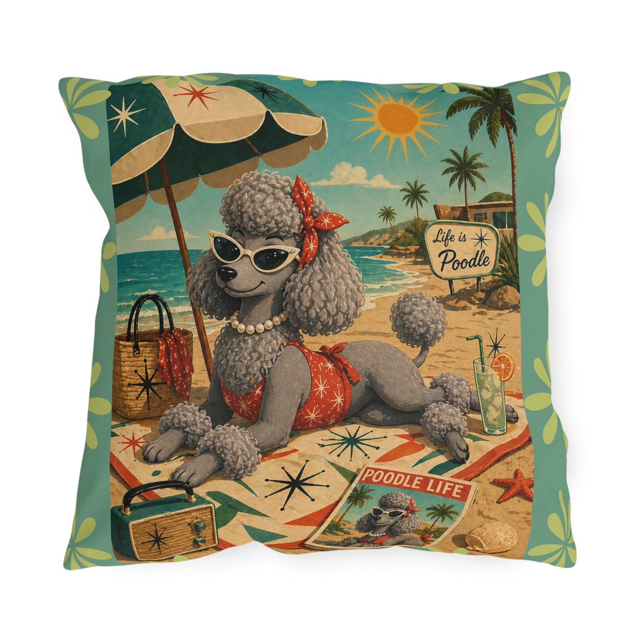 Retro Beach Poodle Outdoor Pillow | Vintage MCM Pinup Dog Tropical Scene