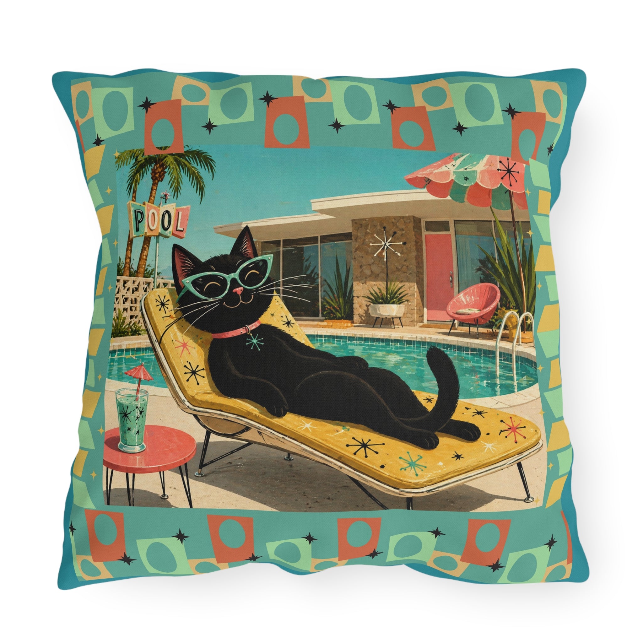 Retro Black Cat Poolside Outdoor Pillow | Mid Century Modern Patio Decor