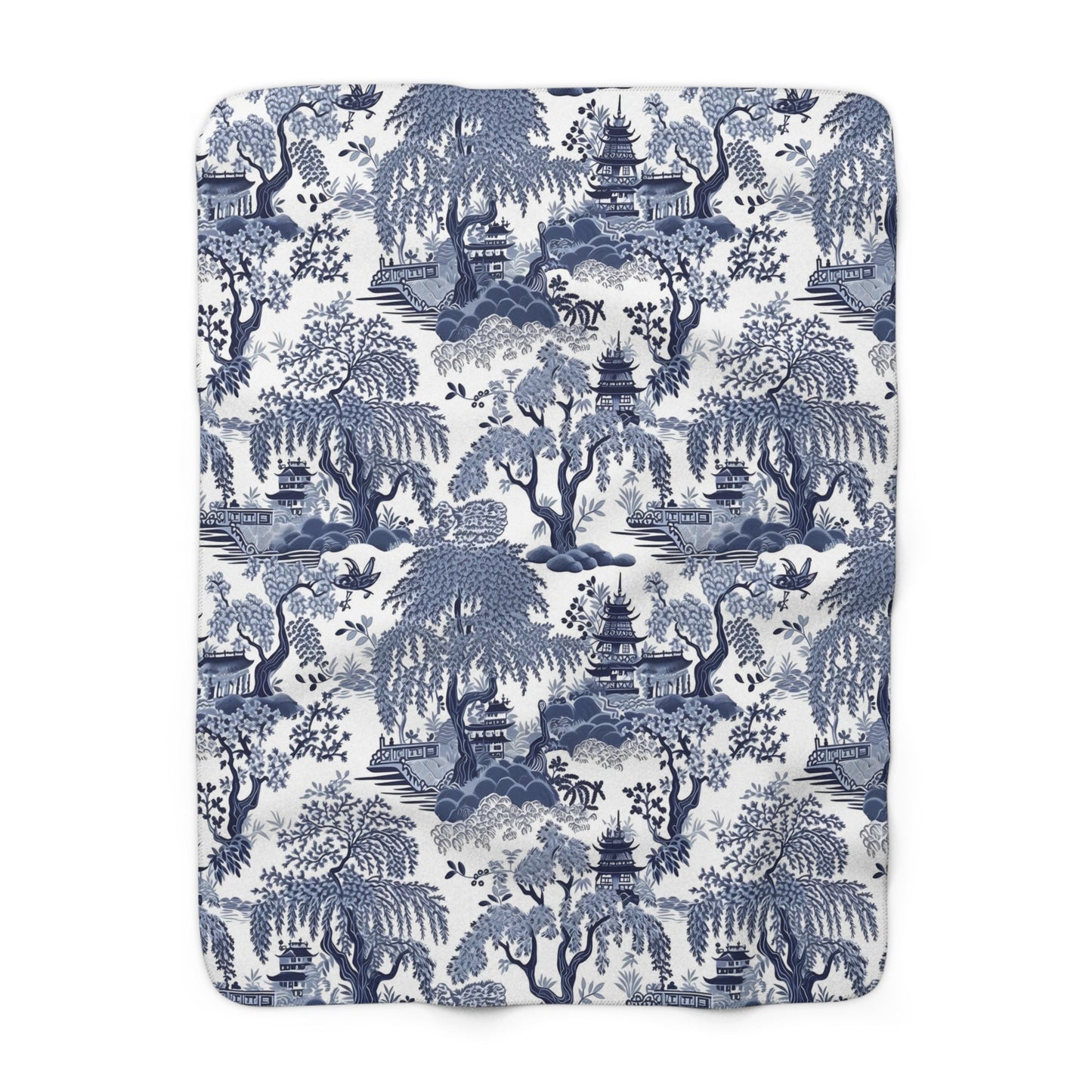 Blue willow Chinese pattern Sherpa Fleece Blanket, willow home decor, blue and white, Asian design, vintage inspired blanket