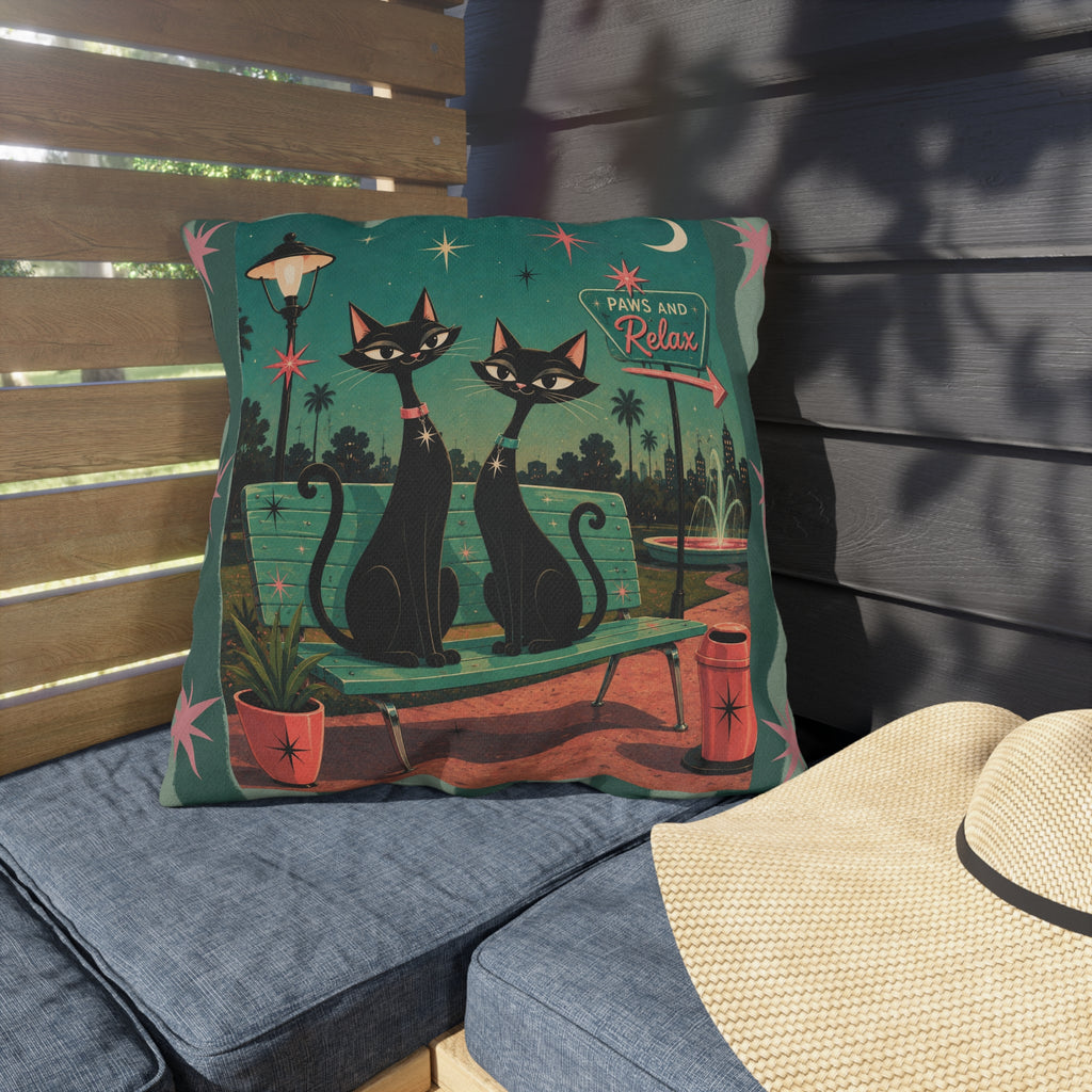 Retro Black Cats Outdoor Pillow | Mid Century Park 'Paws and Relax'