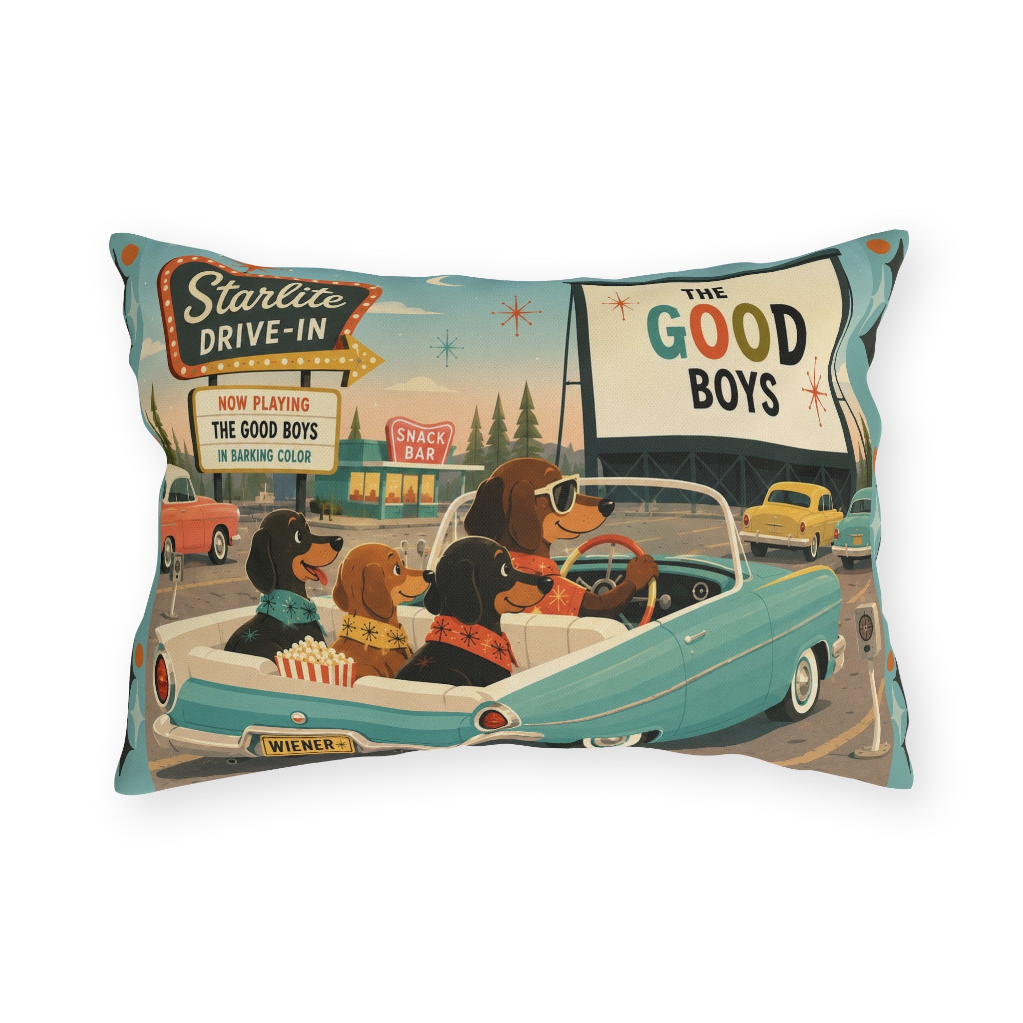 MCM Dachshund Drive-In Dogs Retro Art Outdoor Pillow | Vintage Movie Night