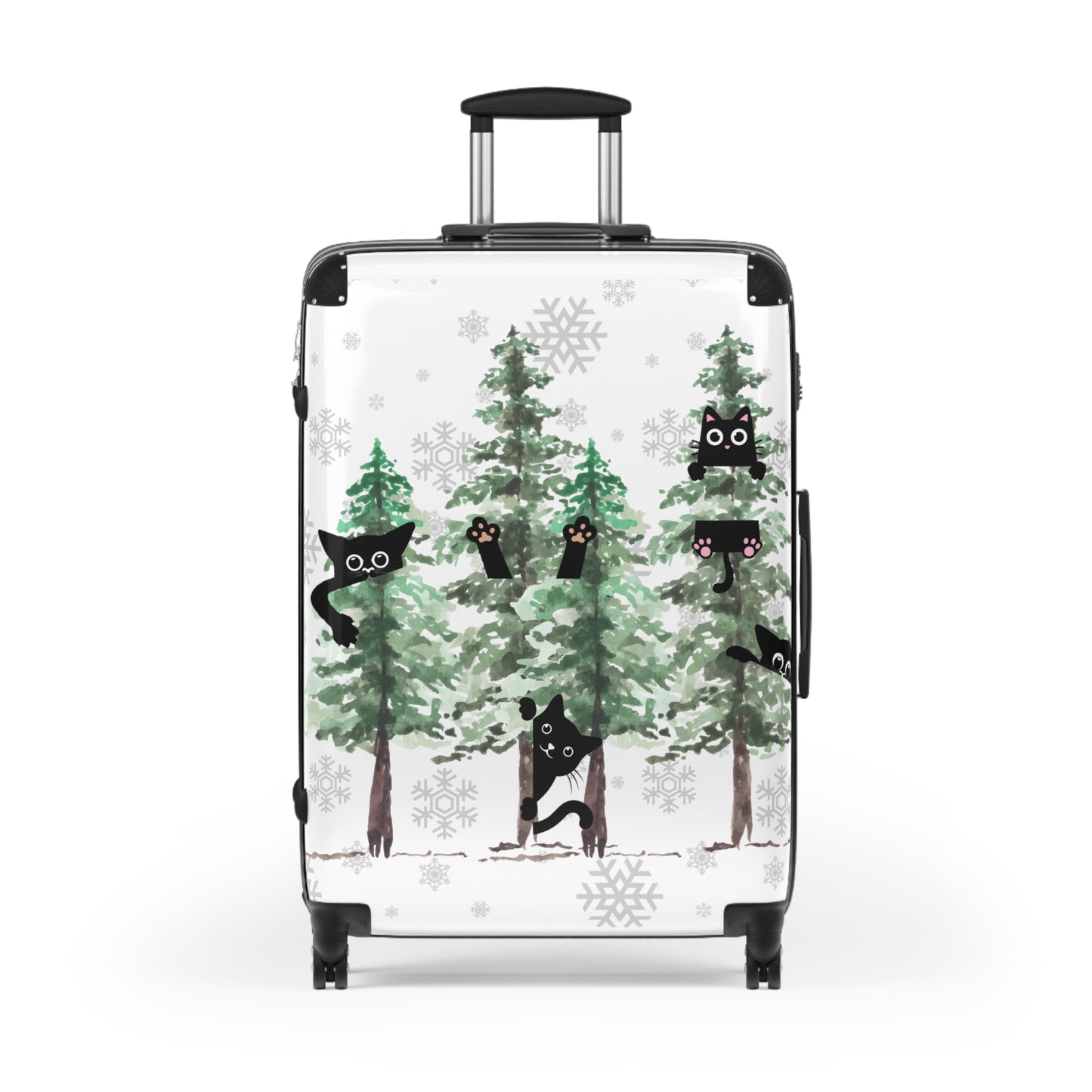 Happy holidays cute cat rolling travel Suitcase, pine trees, christmas carry on, christmas fall lumbar luggage