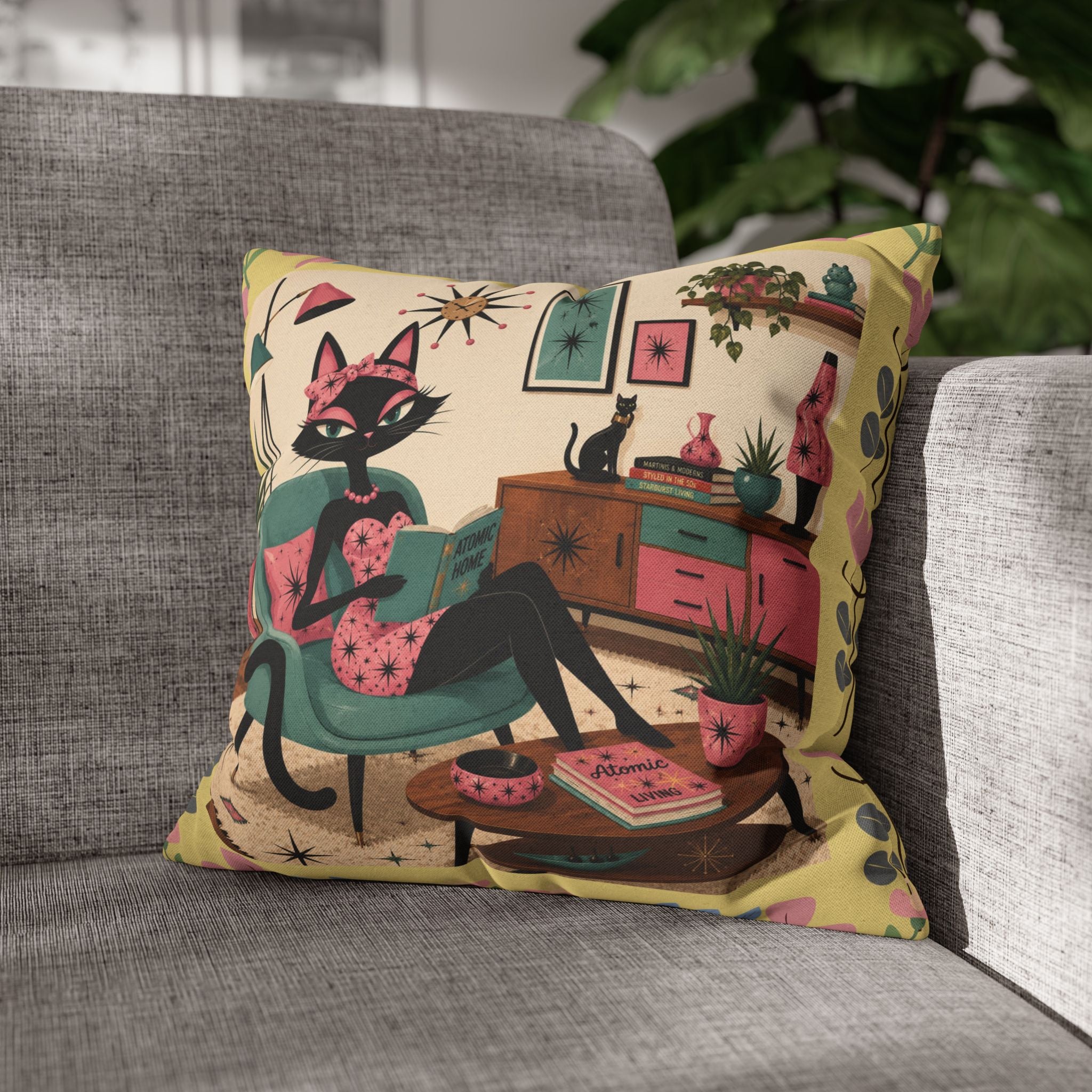 Retro Mid Century Atomic Cat Lounge Pillowcase | Square Pillowcase - COVER ONLY