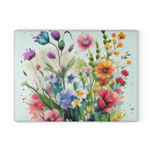 Glass Cutting Board, wildflower tempered glass, cheese board, bread, serving, flower garden, chopping board