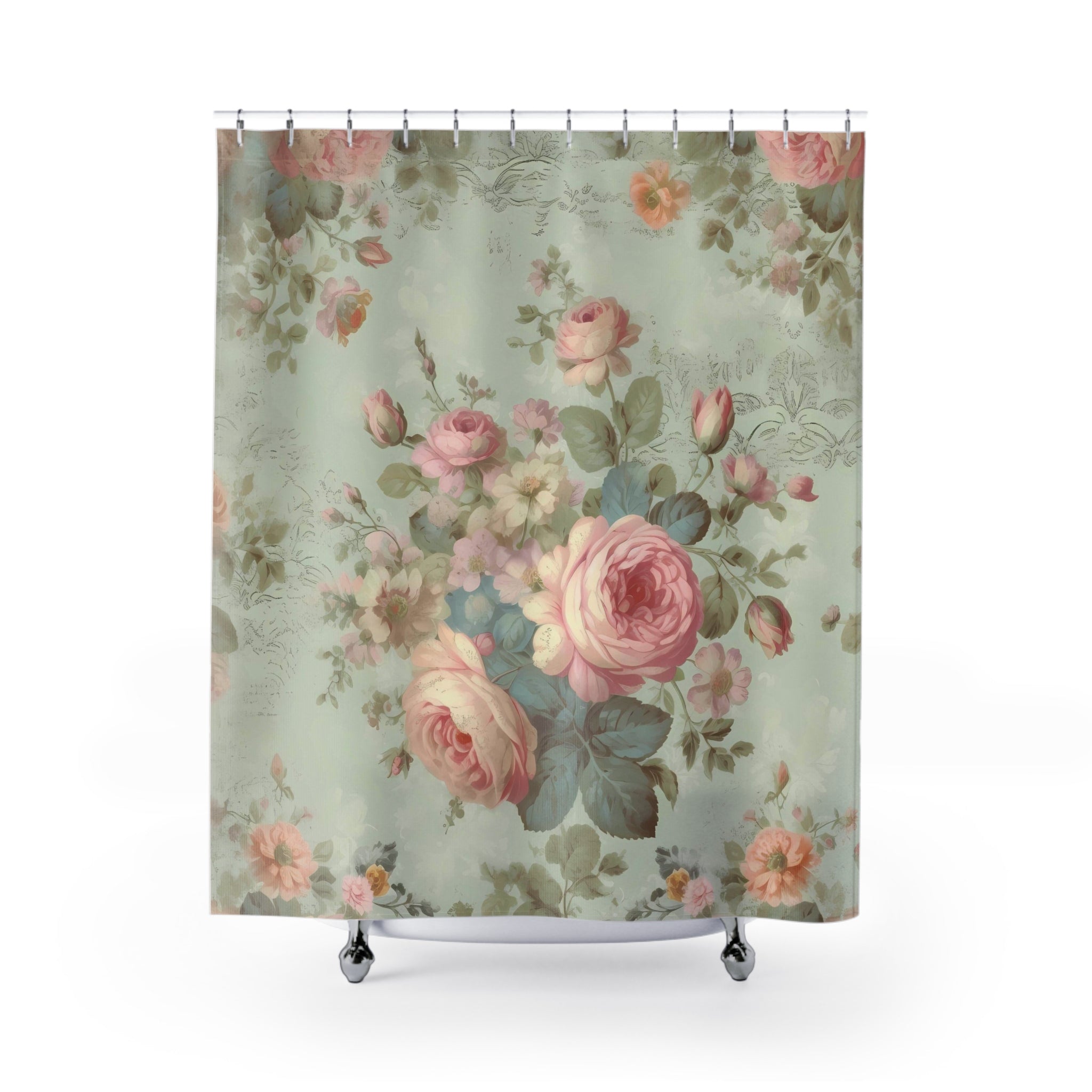 Blue with pink roses shabby chic shower curtain, vintage curtains, vintage bathroom decor, country cottage garden