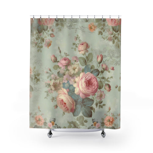 Blue with pink roses shabby chic shower curtain, vintage curtains, vintage bathroom decor, country cottage garden