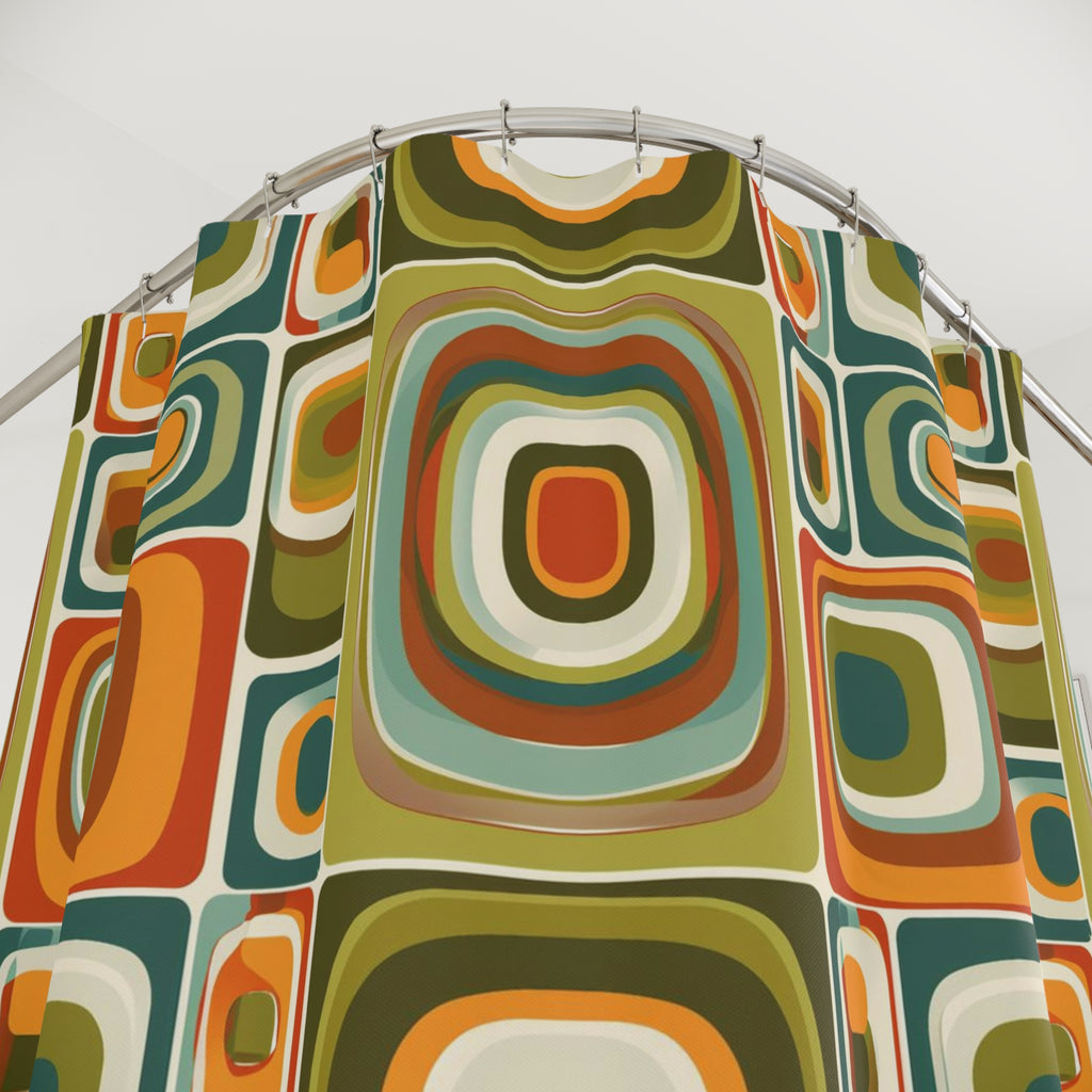 Groovy retro green and orange shapes Shower Curtain, retro bathroom, 60s 70s inspired design, funky shower curtain
