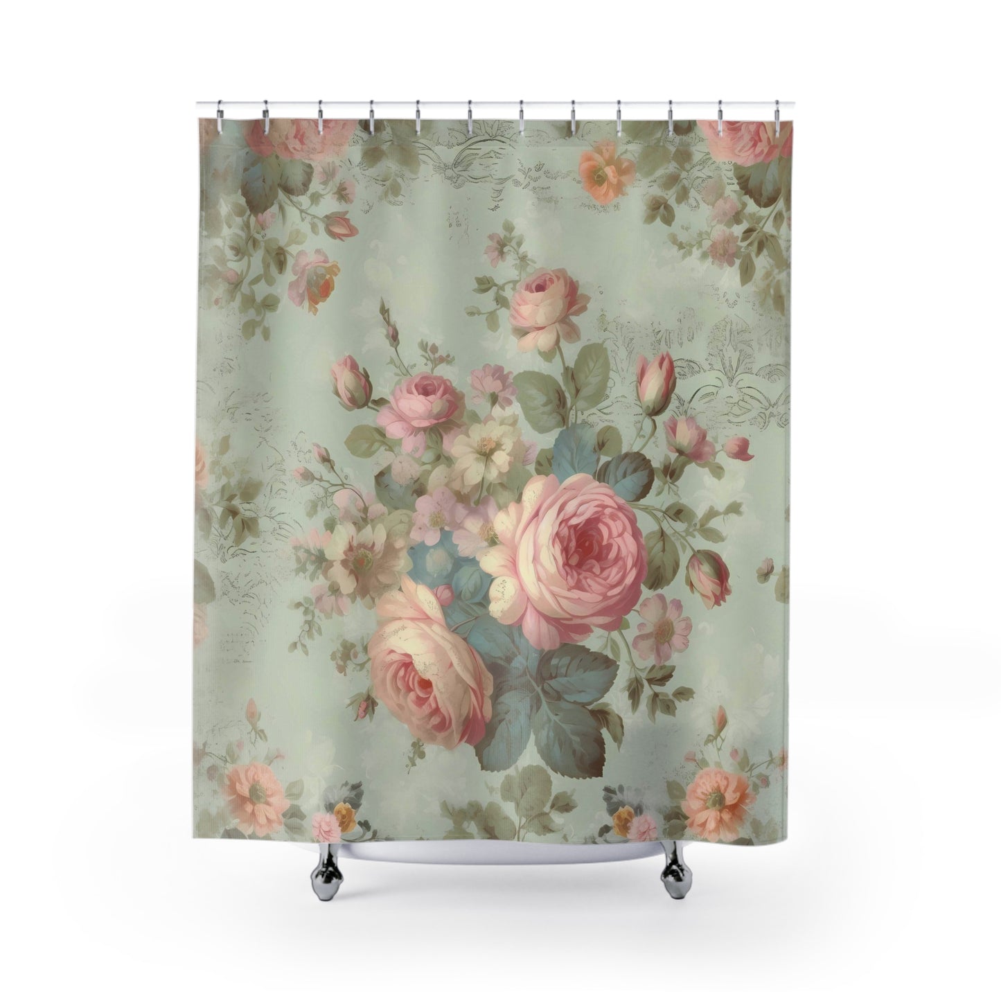 Bold pink roses shabby chic shower curtain, vintage curtains, vintage bathroom decor, country cottage garden