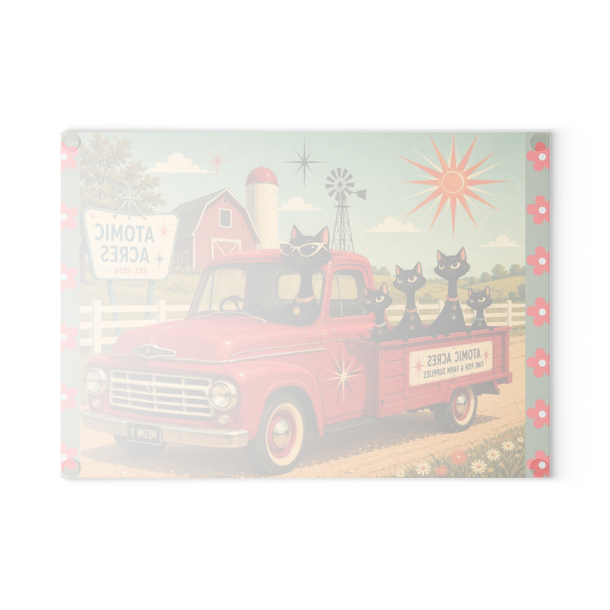 Retro Atomic Black Cats on Red Truck Glass Cutting Board | MCM Atomic Acres Farm