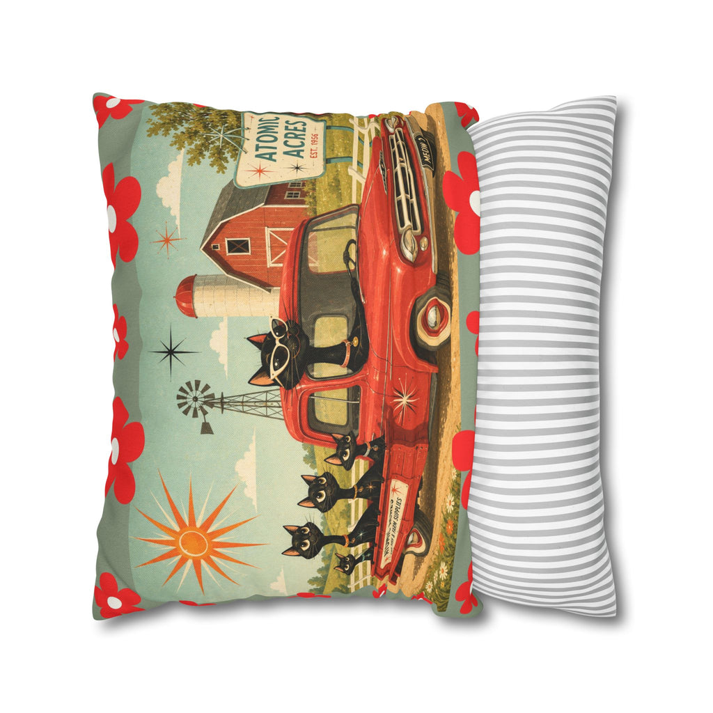 Retro Red Truck with Atomic Black Cats and kittens Pillowcase | MCM Square Pillowcase - COVER ONLY