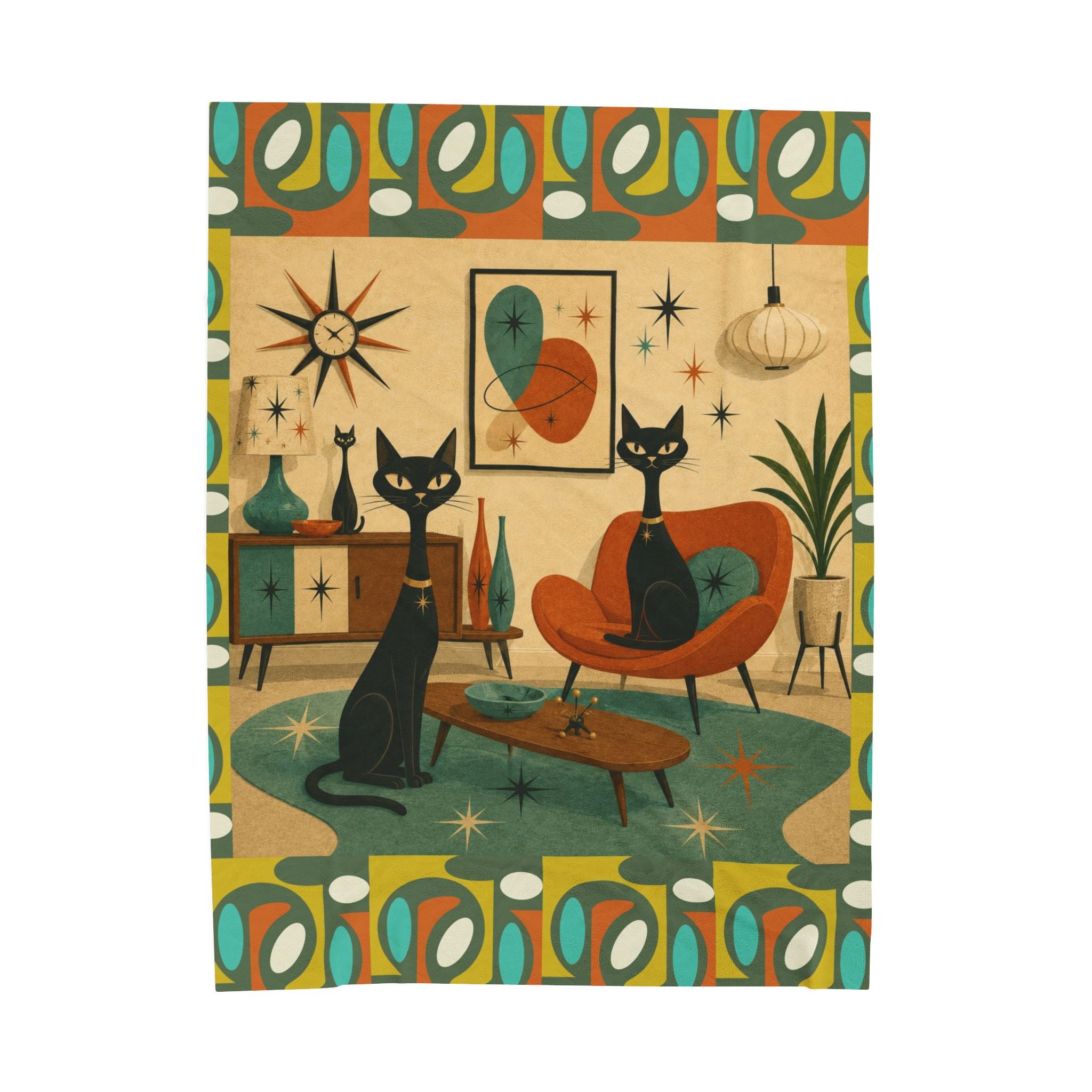 Mid Century Retro Atomic Black Cats Velveteen Plush Blanket | Vintage Atomic Living Room