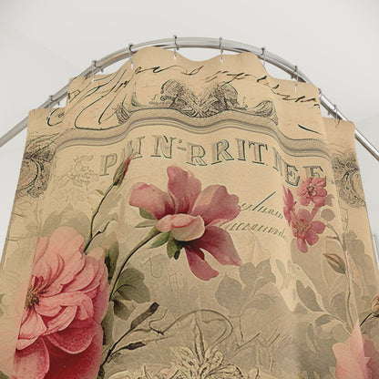 Pink roses Old script certificate shabby chic Shower Curtain, French vintage inspired, floral bathroom, rustic shower curtain