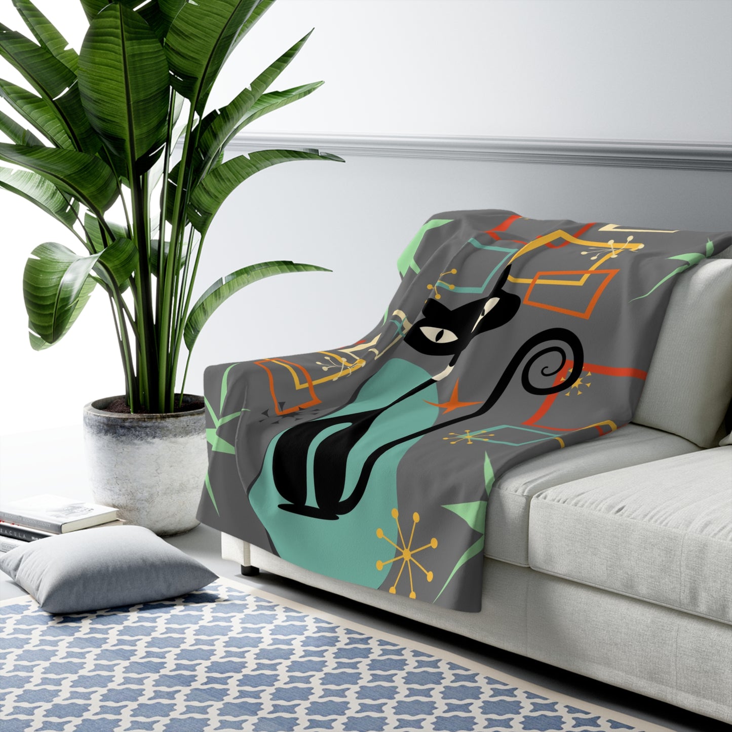 Atomic cat boomerang retro Sherpa Fleece Blanket, cute cuddle snuggle, couch throw, Mid Century Modern, black cat lover blanket