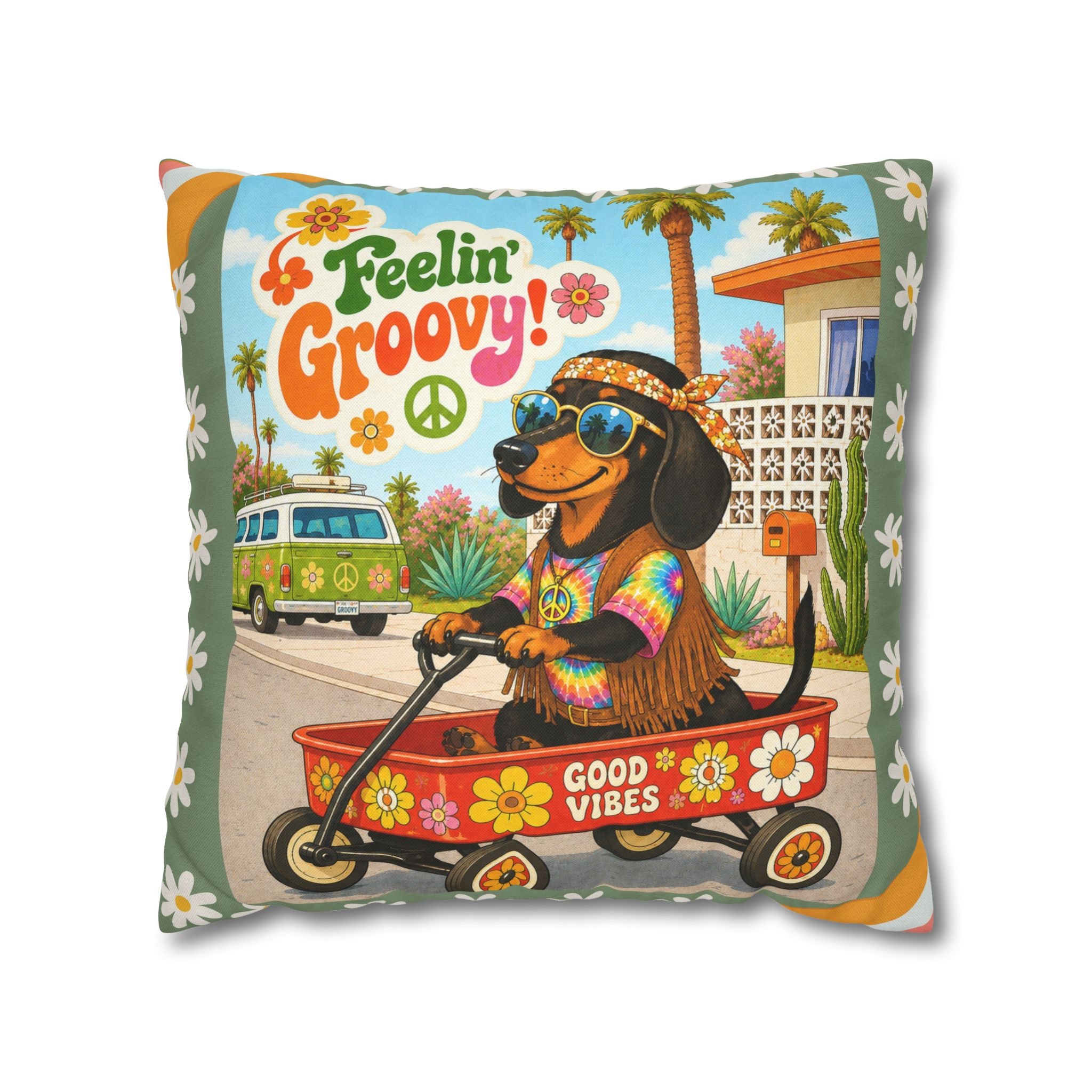 Feelin' Groovy retro Dachshund Pillowcase | 60s 70s pattern Square Decorative Pillow