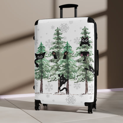 Happy holidays cute cat rolling travel Suitcase, pine trees, christmas carry on, christmas fall lumbar luggage