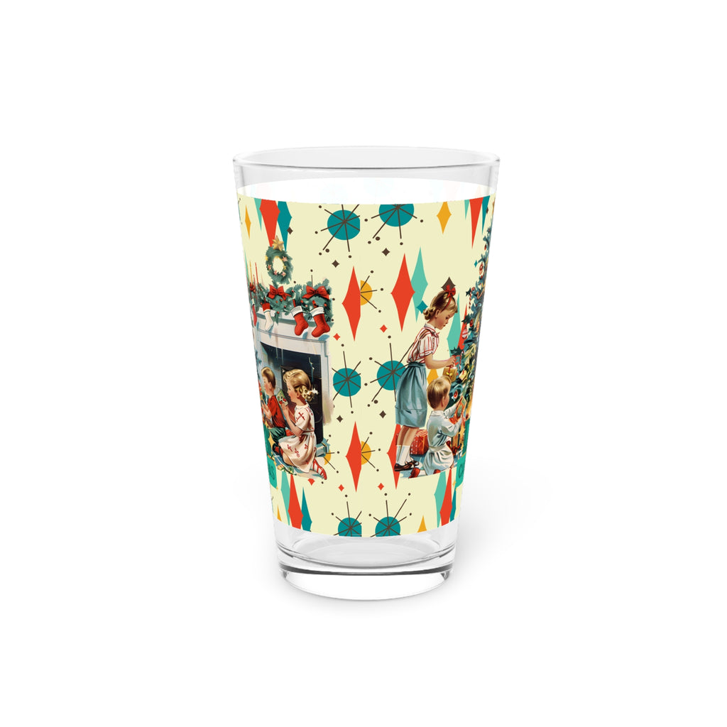 Merry Christmas pint glass, Retro Vintage 50s Franciscan Diamond Starburst Kitsch Christmas Card Art glass, Retro Vintage 16oz