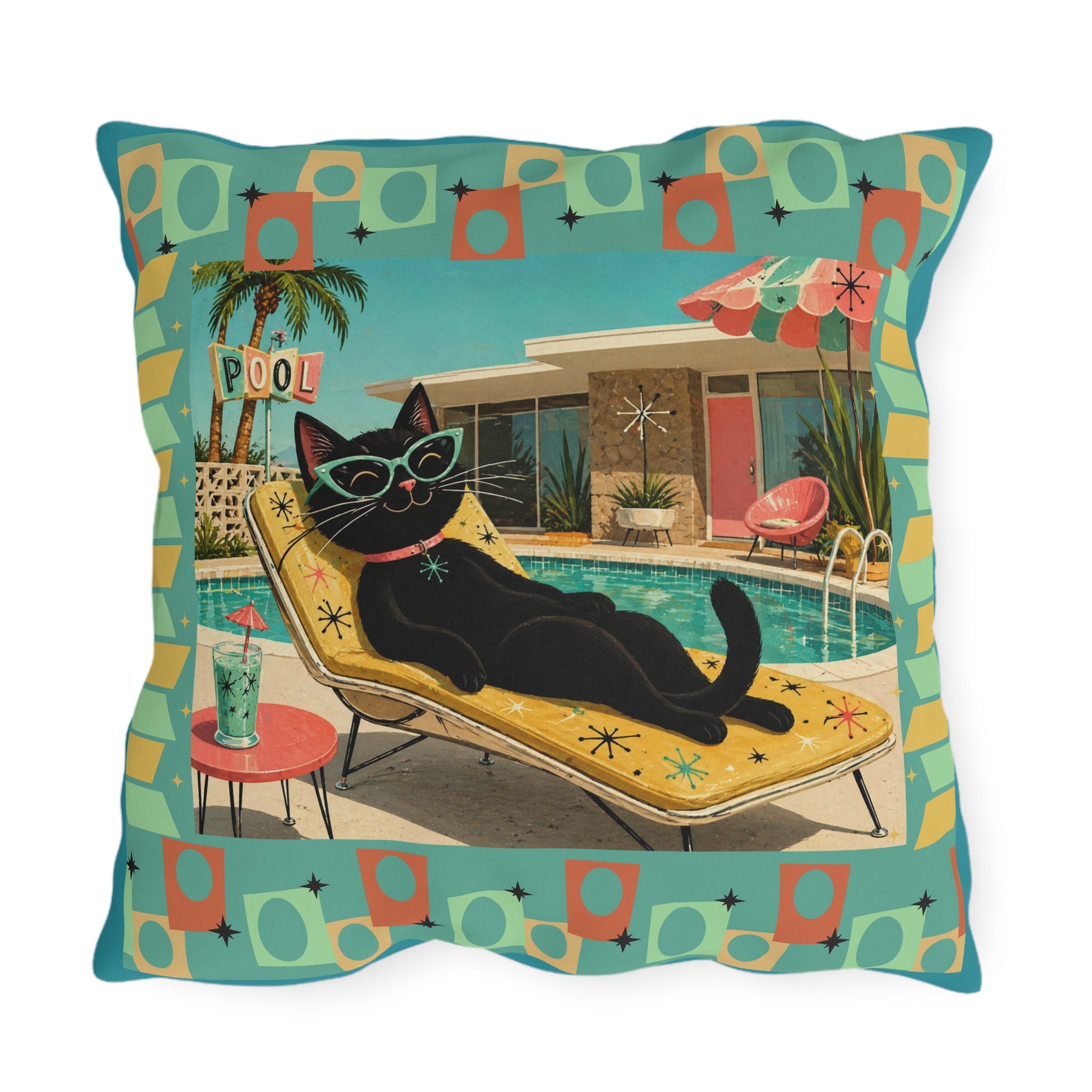 Retro Black Cat Poolside Outdoor Pillow | Mid Century Modern Patio Decor