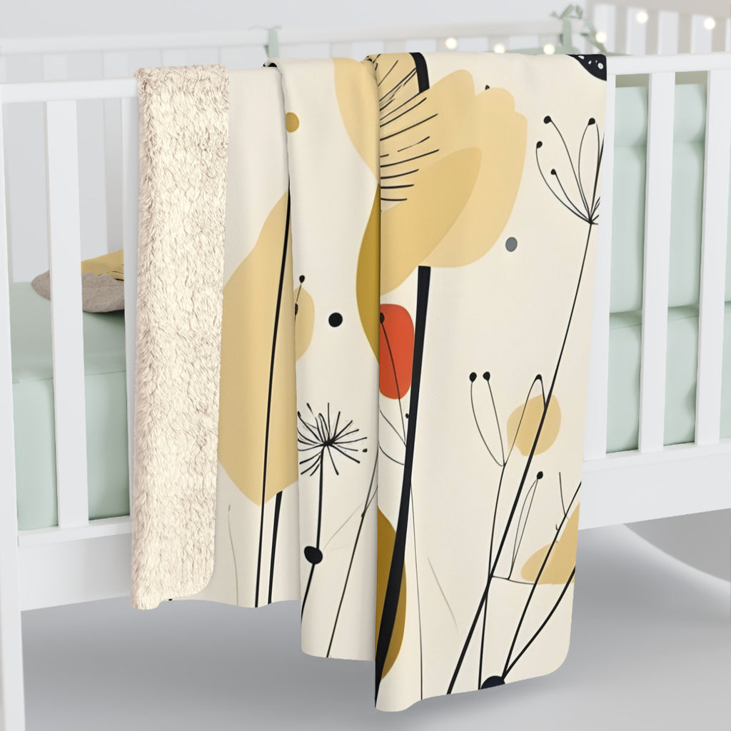 Yellow Poppy's Mid Century Modern Sherpa Fleece Blanket, retro floral, MCM throw couch bed blanket