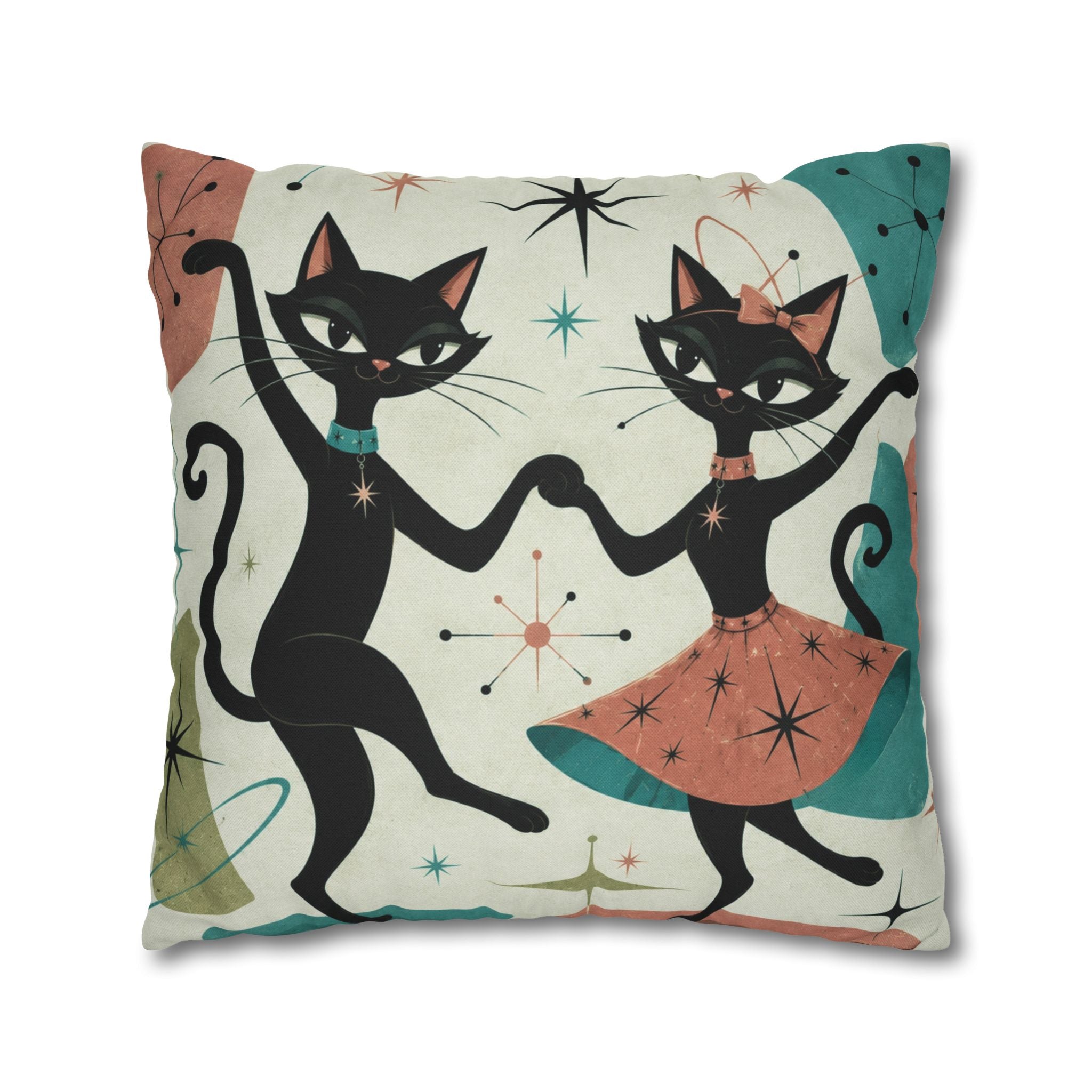 Dancing Retro Atomic Black Cats Pillowcase | Square Throw Pillowcase - COVER ONLY