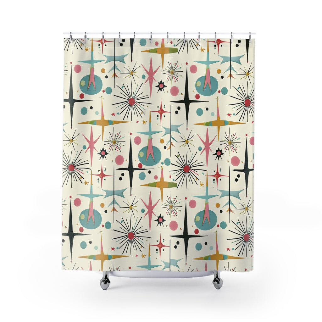 Mid-Century Starburst Shower Curtain — Retro Atomic Pattern
