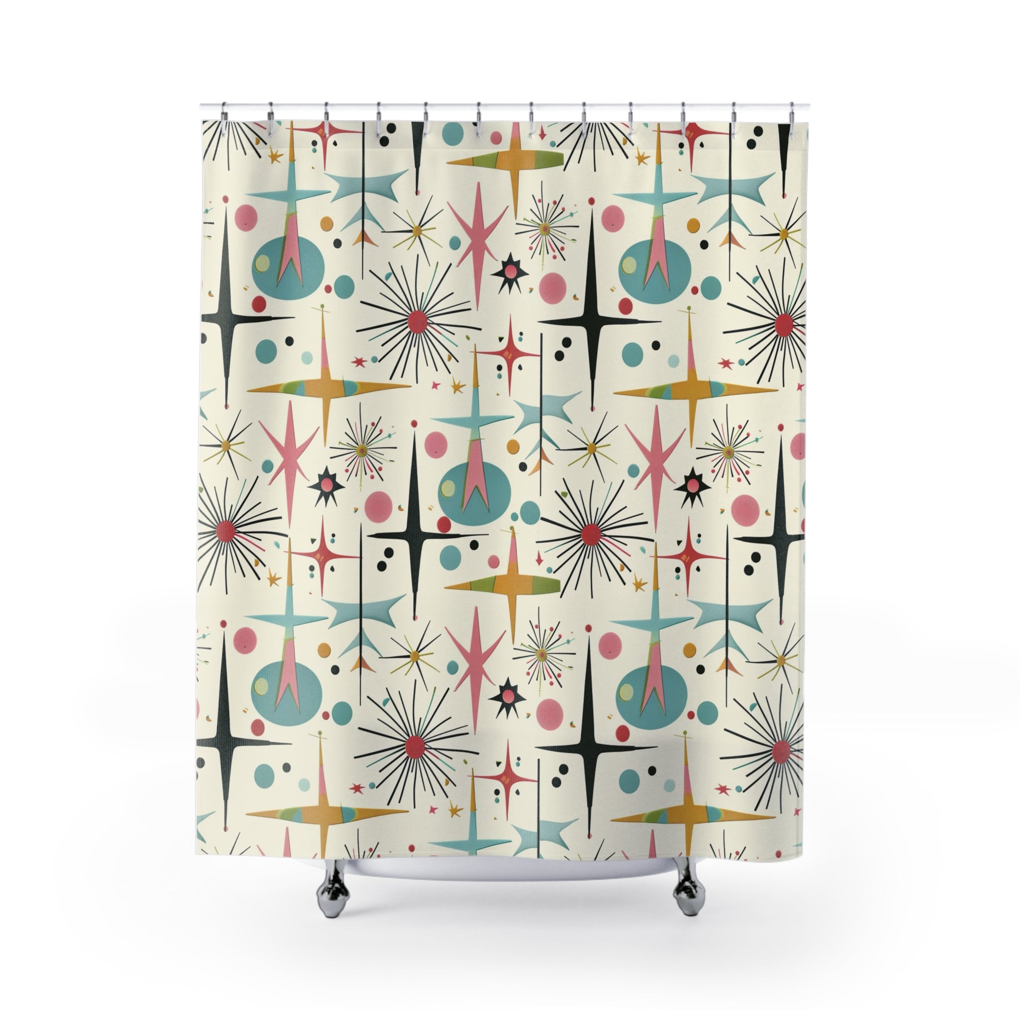 Mid-Century Starburst Shower Curtain — Retro Atomic Pattern