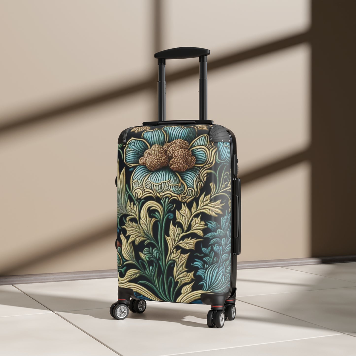 Floral design inspired by William Morrris Suitcase, lockable hard shell luggage for travel with wheels for an easy holiday