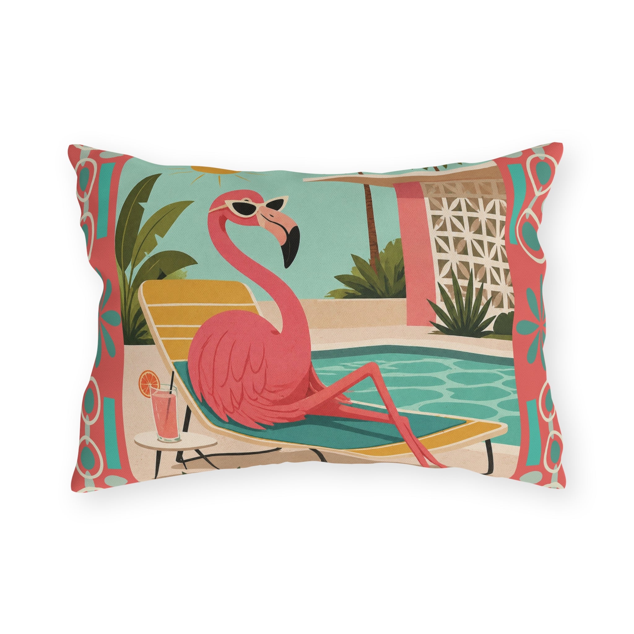 MCM Pink Flamingo Poolside Outdoor Pillow | Retro Mid Century Tropical
