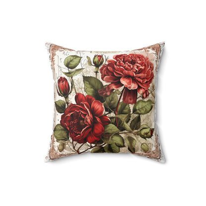 Vintage red peony roses shabby chic style Spun Polyester Square Pillow, valentines gift, floral home decor