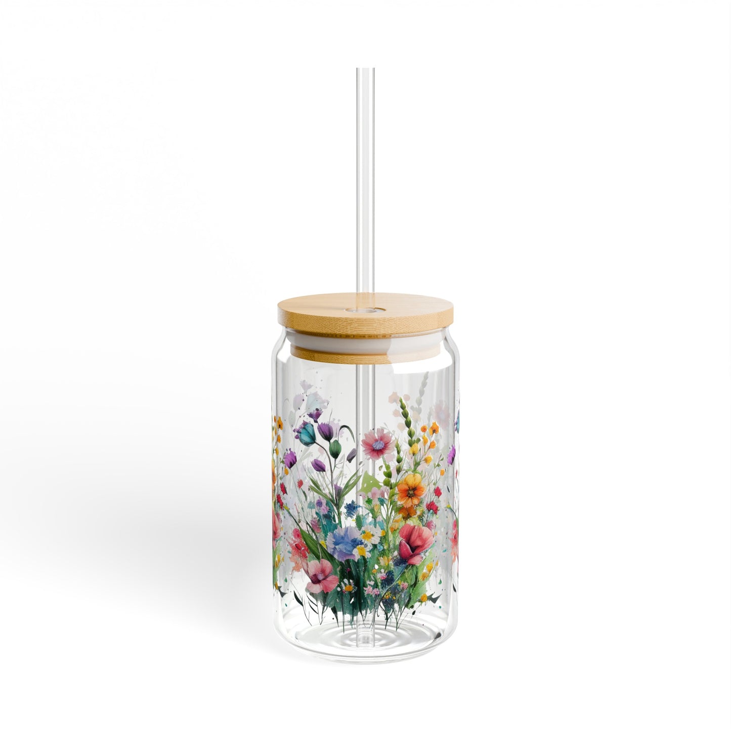 Wildflowers floral Sipper Glass, 16oz, flower glassware, cute coffee cup, iced coffee glass, drinking glass